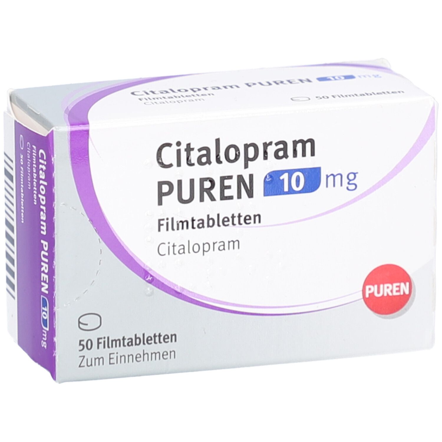 Citalopram PUREN 10 mg Packung. Weiße Schachtel mit lila Akzenten und rotem PUREN-Logo. 50 Filmtabletten.