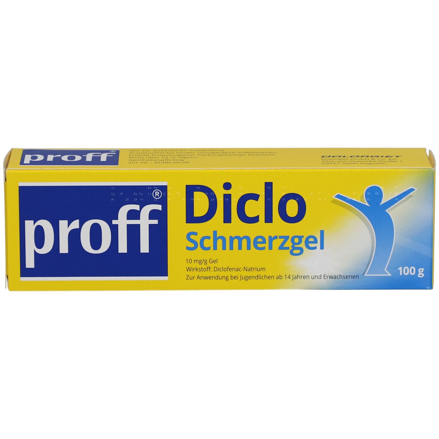 Gelbe Schachtel mit blauem Logo und Aufschrift: proff Diclo Schmerzgel. Enthält 100 g. Mit blauem Logo und Text.
