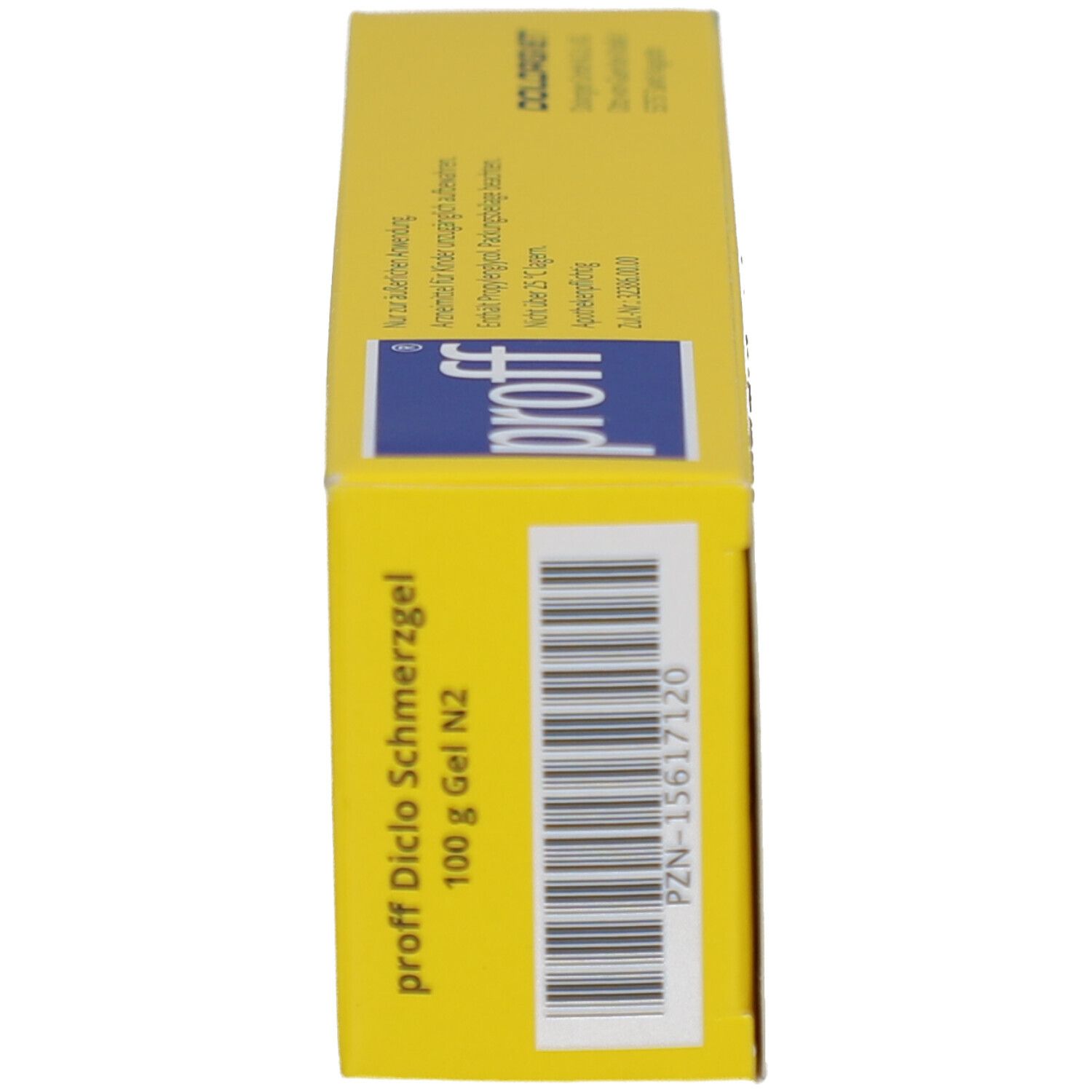 Gelbe Schachtel, Seitenansicht. Aufschrift: proff Diclo Schmerzgel. Enthält 100 g Gel N2. Mit Barcode und PZN-Nummer.