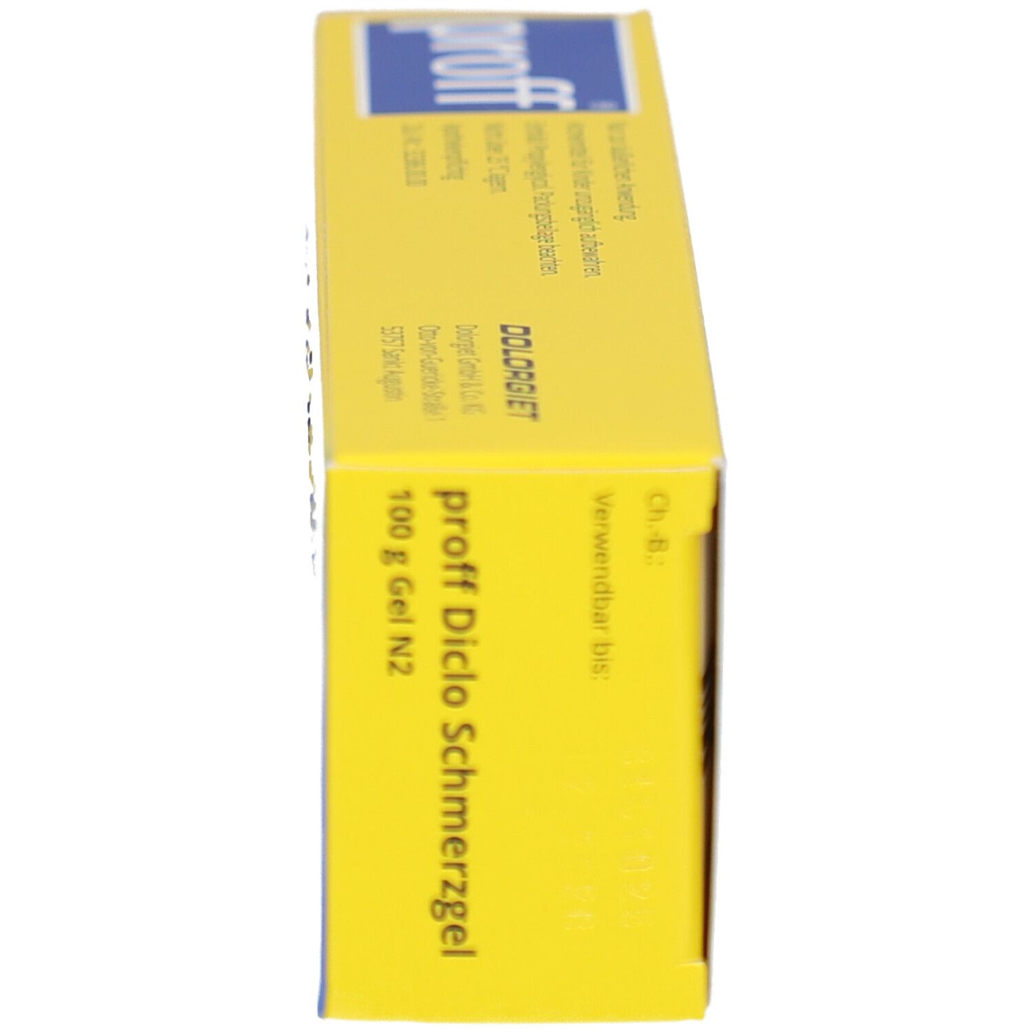 Gelbe Schachtel, Seitenansicht. Aufschrift: proff Diclo Schmerzgel. Enthält 100 g Gel N2. Mit Text.
