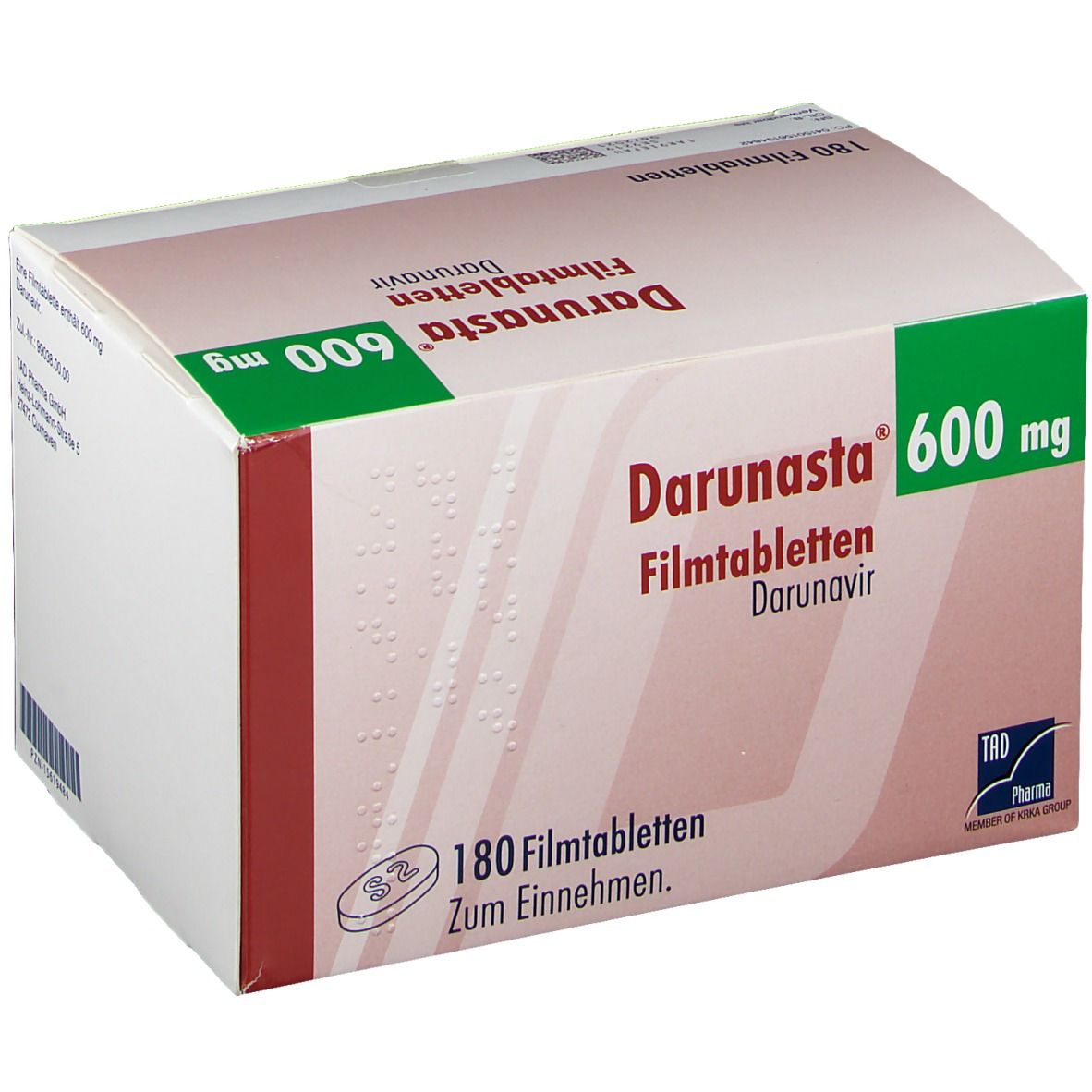 Darunasta 600 mg Filmtabletten-Packung. 180 Tabletten. Aufschrift: Darunavir. Grün-weiße Verpackung.