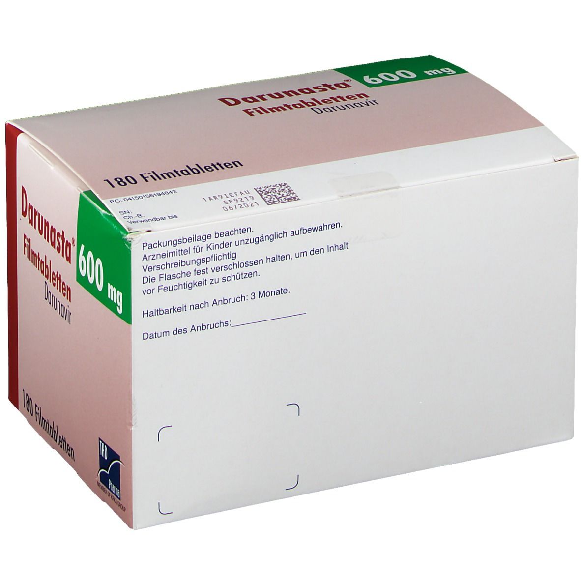 Darunasta 600 mg Packung. Rückseite mit Informationen. 180 Filmtabletten. Aufschrift: Darunavir. Weiß-grüne Verpackung.