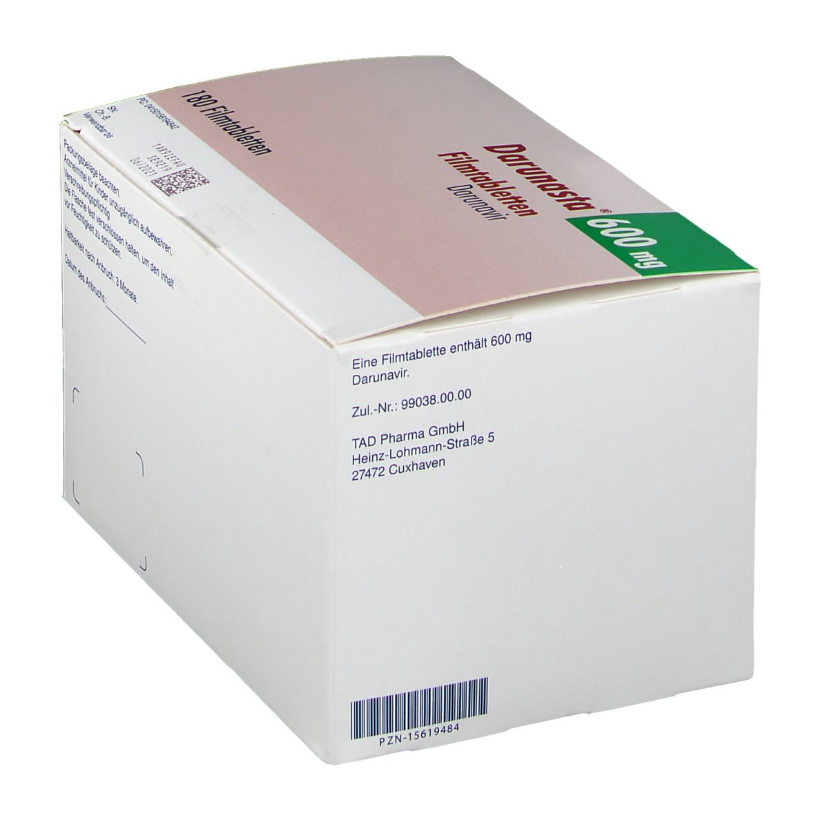 Darunasta 600 mg Packung. Rückseite mit Informationen. 180 Filmtabletten. Aufschrift: Darunavir. Weiß-grüne Verpackung.