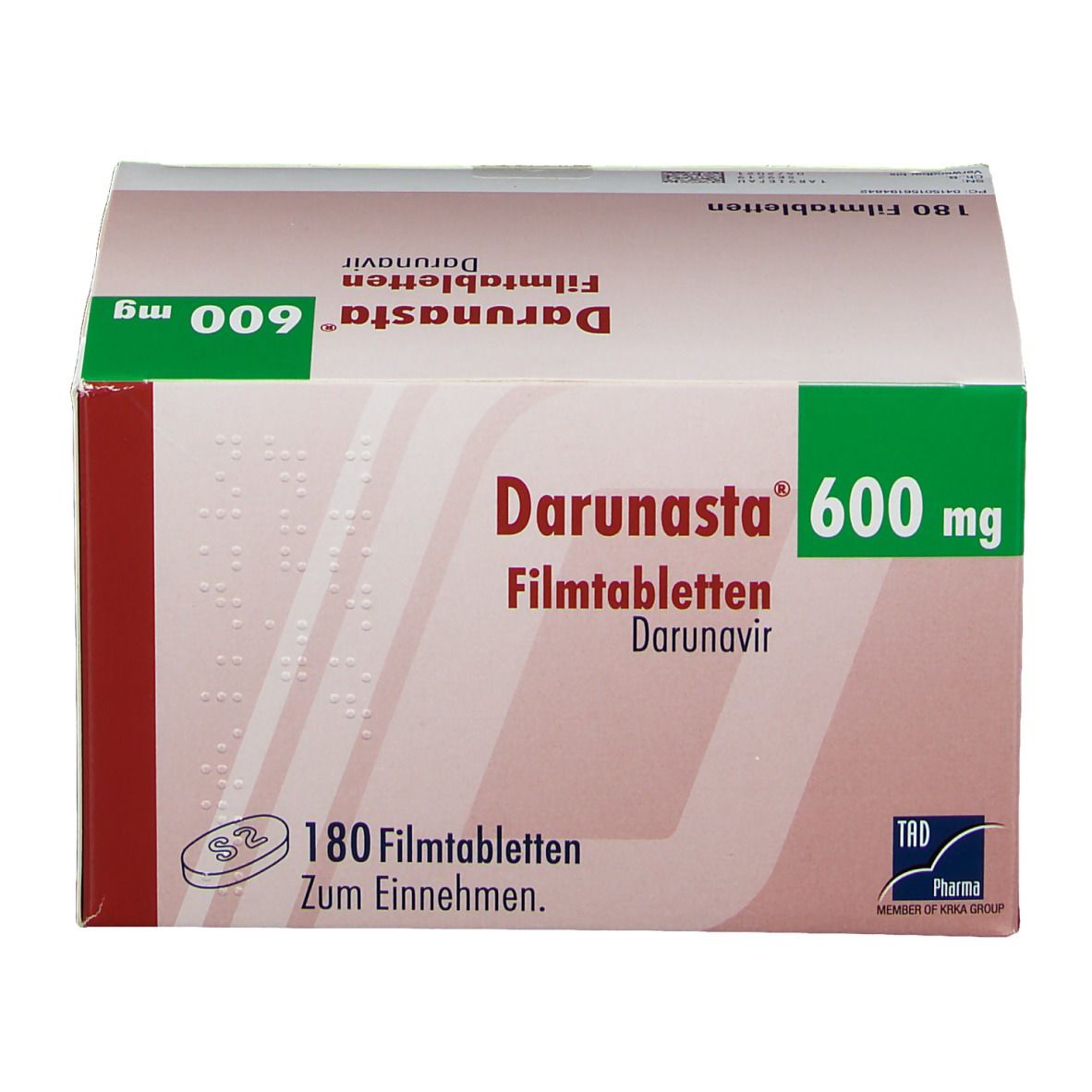 Darunasta 600 mg Filmtabletten-Packung. 180 Tabletten. Aufschrift: Darunavir. Grün-weiße Verpackung.