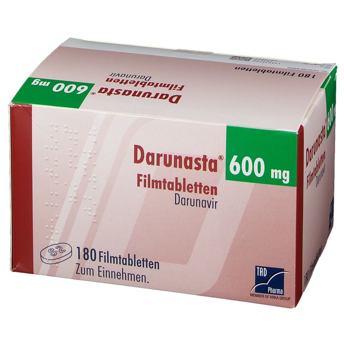 Darunasta 600 mg Filmtabletten-Packung. 180 Tabletten. Aufschrift: Darunavir. Grün-weiße Verpackung.