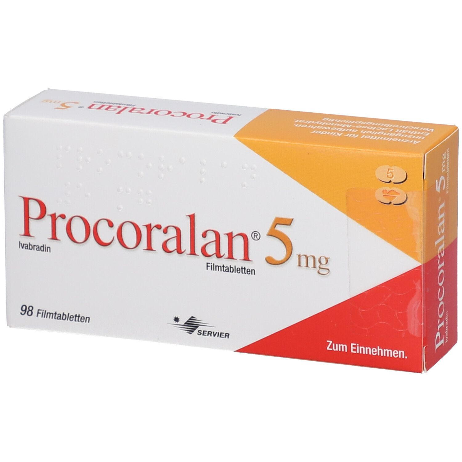 Schachtel mit Procoralan 5 mg Filmtabletten. Aufschrift: 98 Filmtabletten, Servier Logo. Zum Einnehmen.