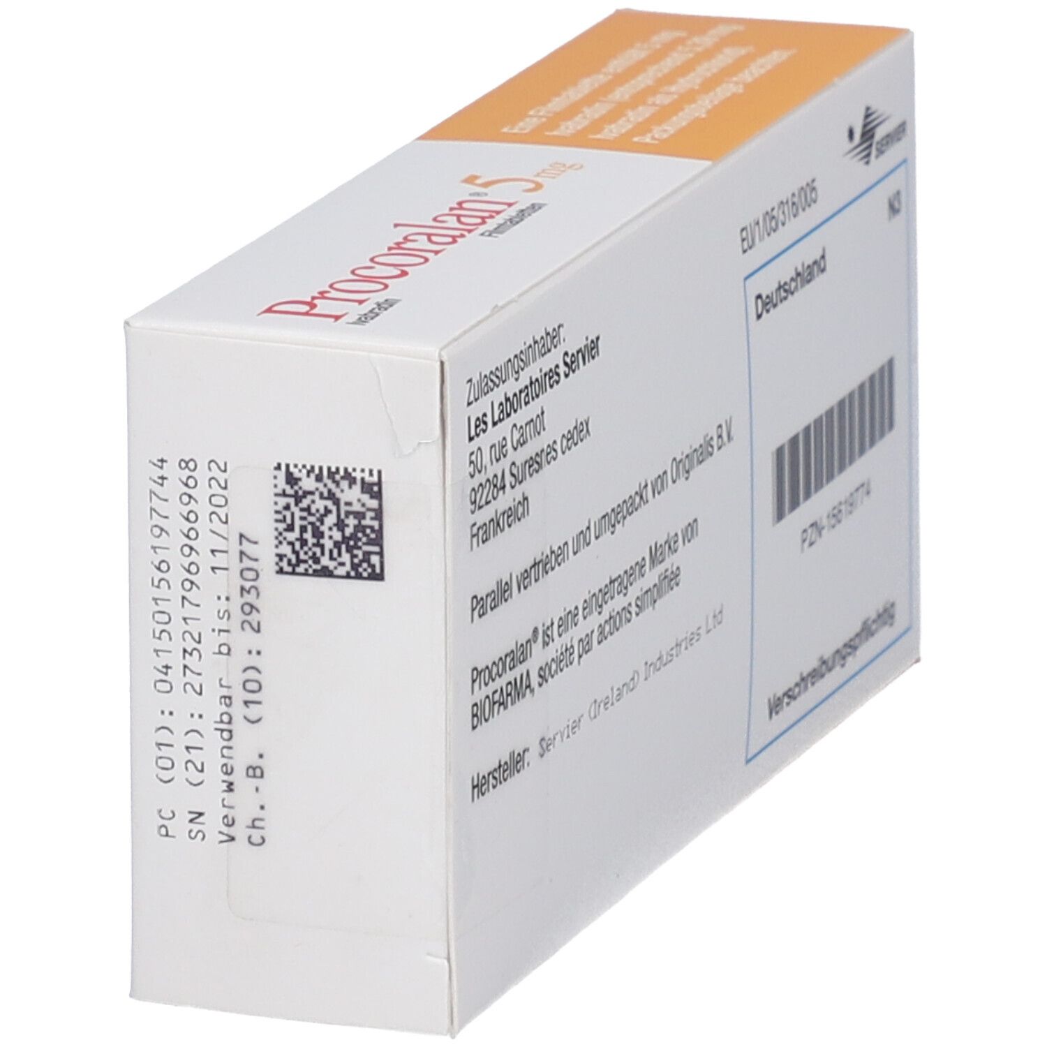 Schachtel Procoralan 5 mg, schräg. Angaben zu Hersteller, Vertrieb, Inhaltsstoffe, PZN-Nummer, Barcode, Verschreibungspflichtig.