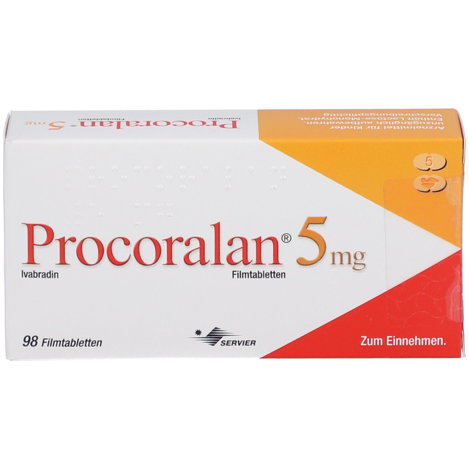 Schachtel mit Procoralan 5 mg Filmtabletten. Aufschrift: 98 Filmtabletten, Servier Logo. Zum Einnehmen.