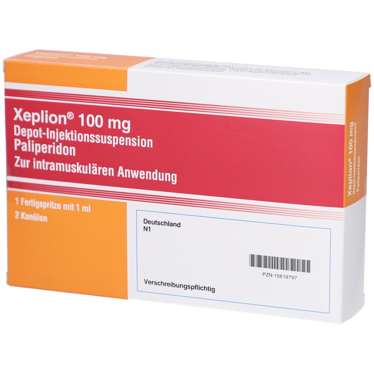 XEPLION 100 mg Schachtel, rot-orange-weiße Verpackung. Produktname, Informationen und PZN-Code sichtbar.