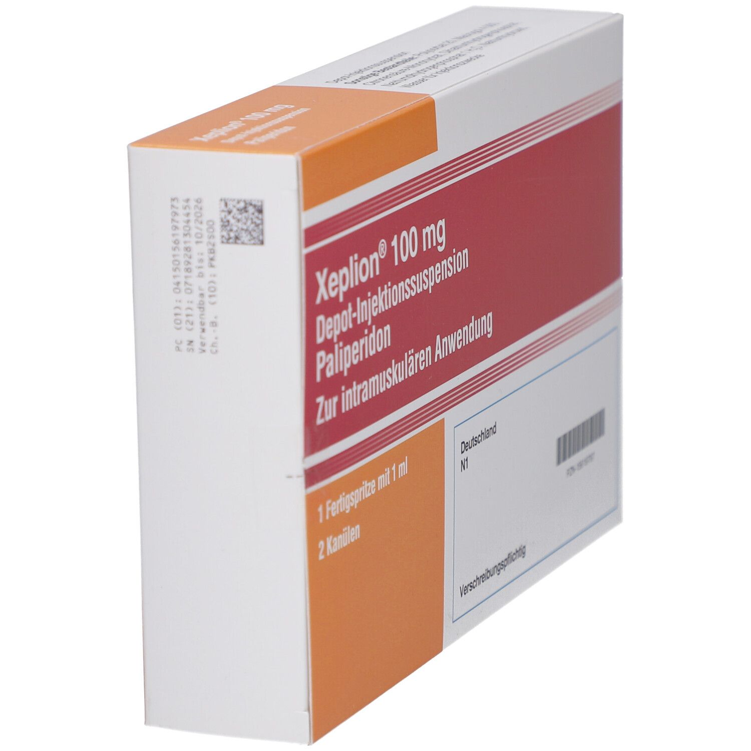 Seitenansicht der XEPLION 100 mg Schachtel. Rot-orange-weiße Verpackung mit Produktinformationen.