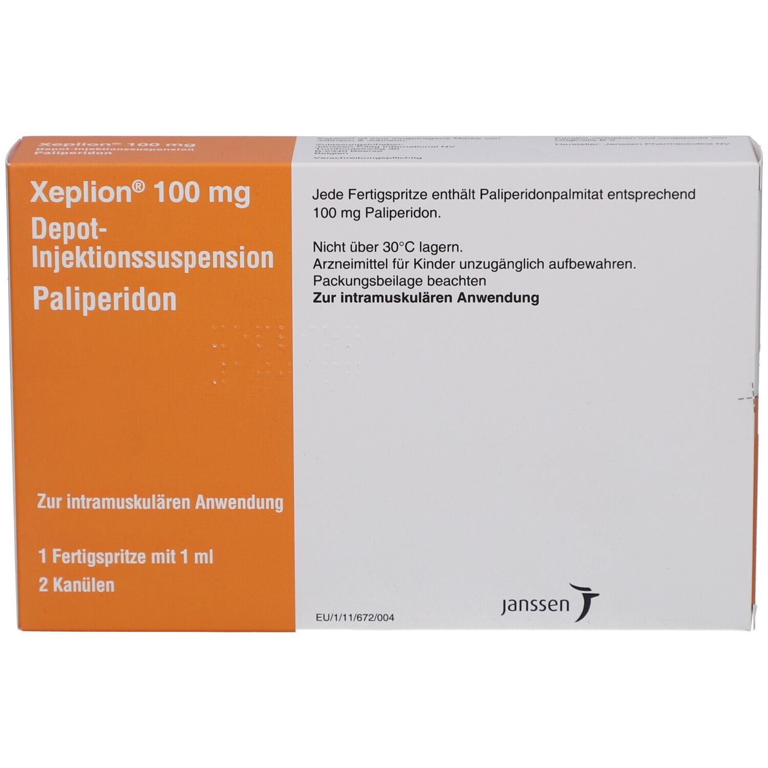 XEPLION 100 mg Schachtel. Orange-weiße Verpackung mit Produktnamen, Informationen und Janssen-Logo.