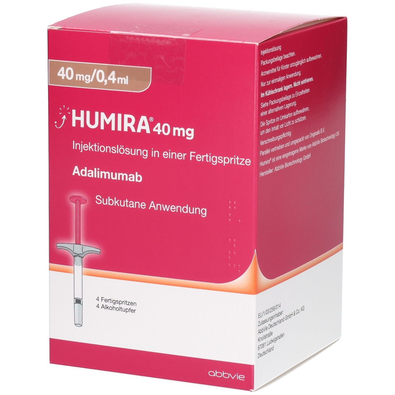 Verpackung von HUMIRA 40 mg Injektionslösung. Rote Schachtel mit Produktinformationen und einer Fertigspritze abgebildet.