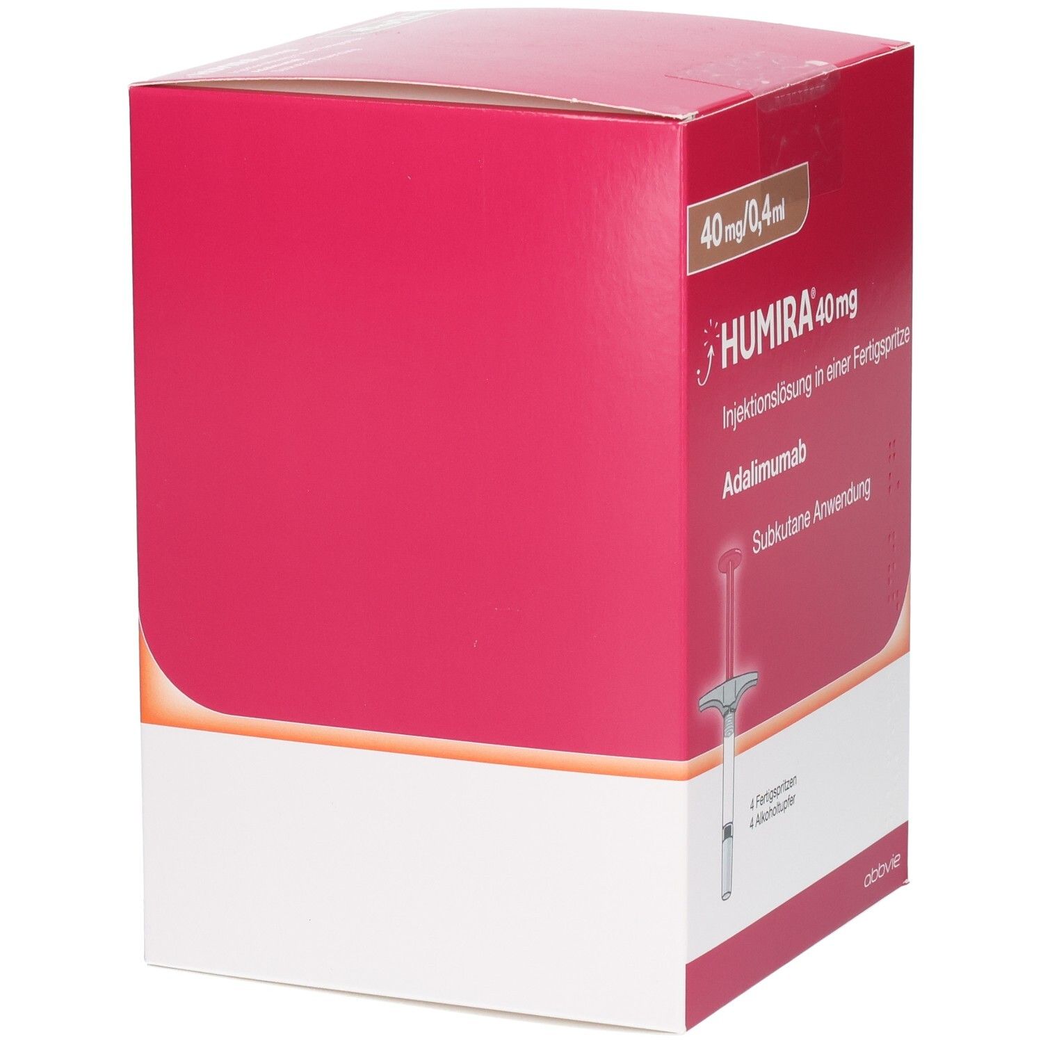 HUMIRA 40 mg Verpackung. Rote Schachtel mit weißem Boden. Produktname und Dosierung sind sichtbar.