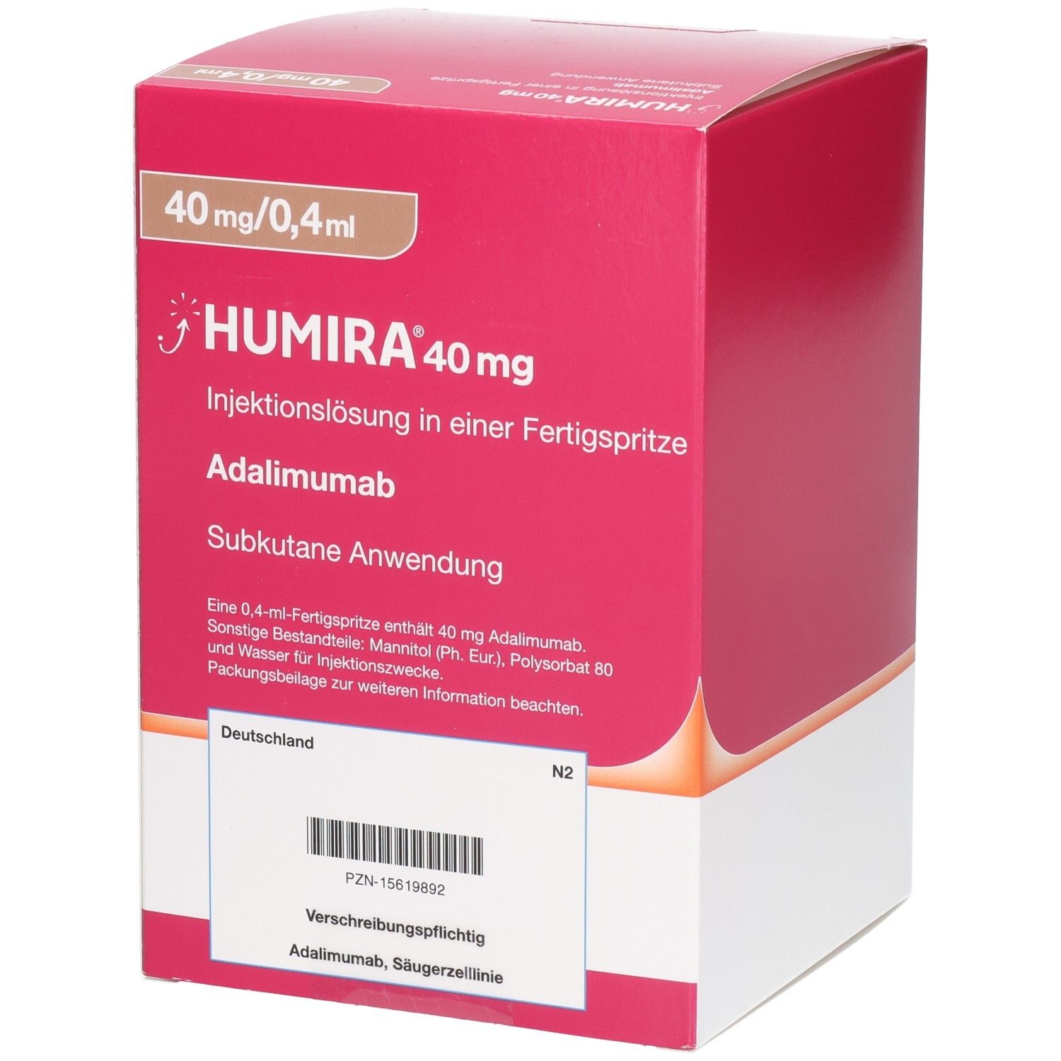 HUMIRA 40 mg Verpackung. Rote Schachtel mit Produktinformationen, Dosierung und Barcode.