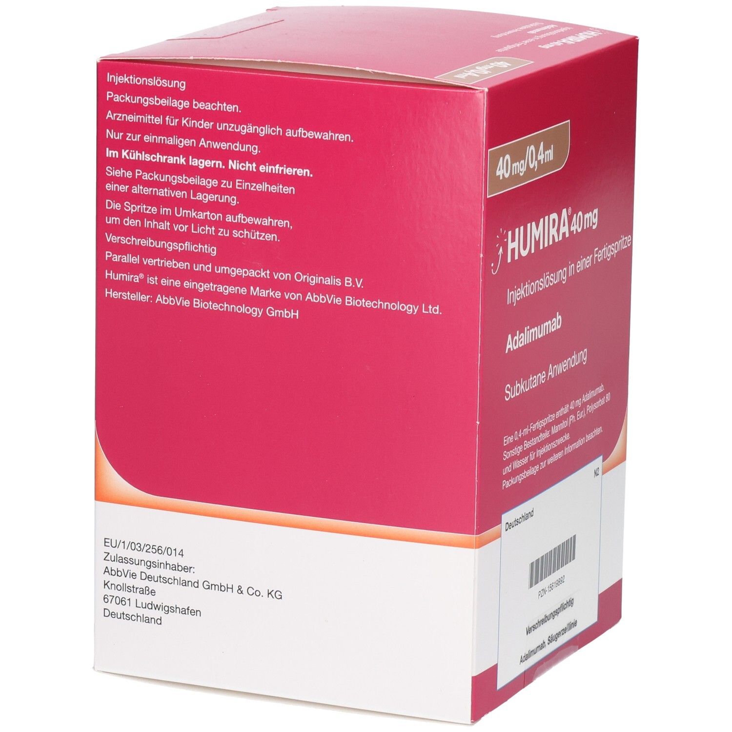 Rückseite der HUMIRA 40 mg Verpackung. Rote Schachtel mit Textinformationen und Herstellerangaben.