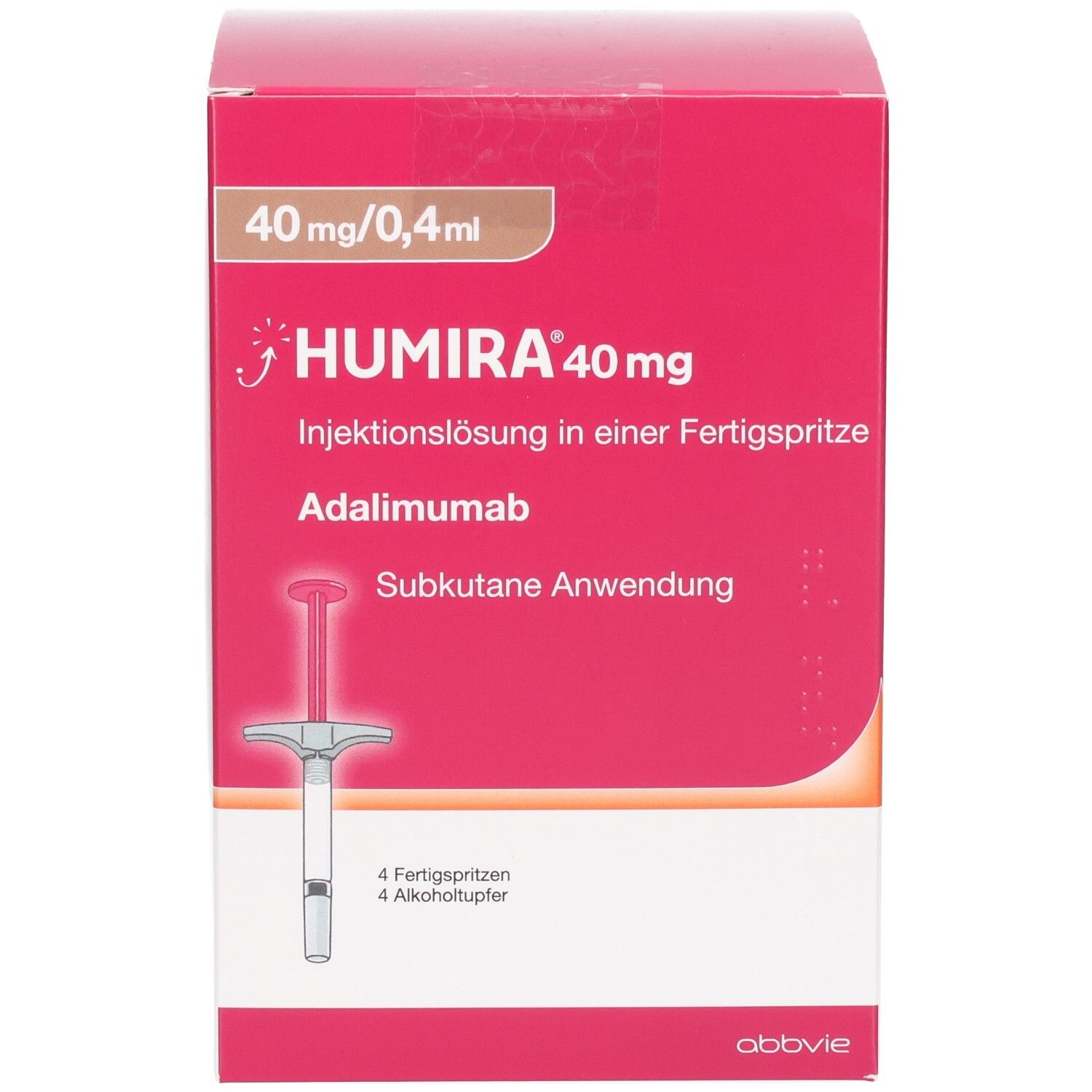 HUMIRA 40 mg Verpackung. Rote Schachtel mit Fertigspritze und Alkoholtupfern abgebildet.
