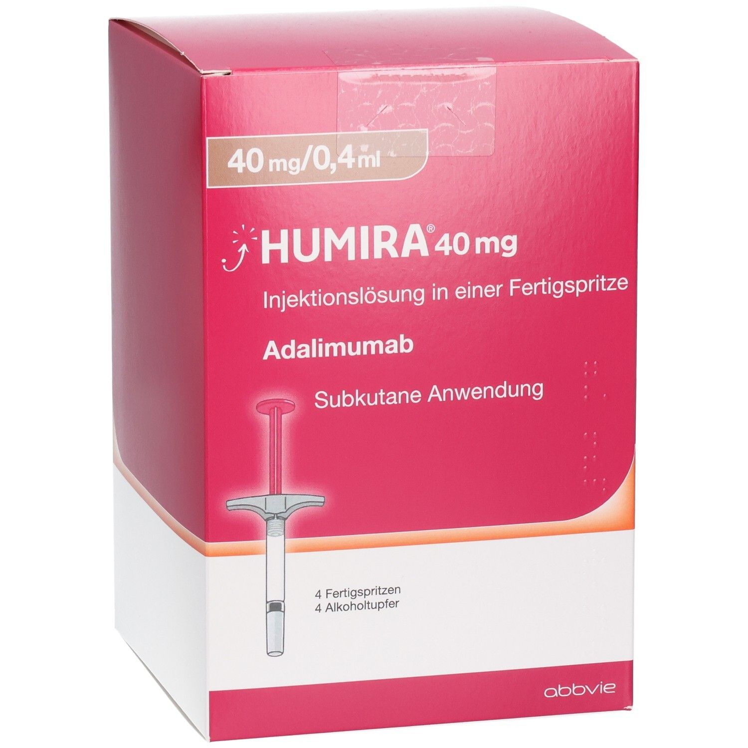 HUMIRA 40 mg Verpackung. Rote Schachtel mit Fertigspritze und Alkoholtupfern abgebildet.