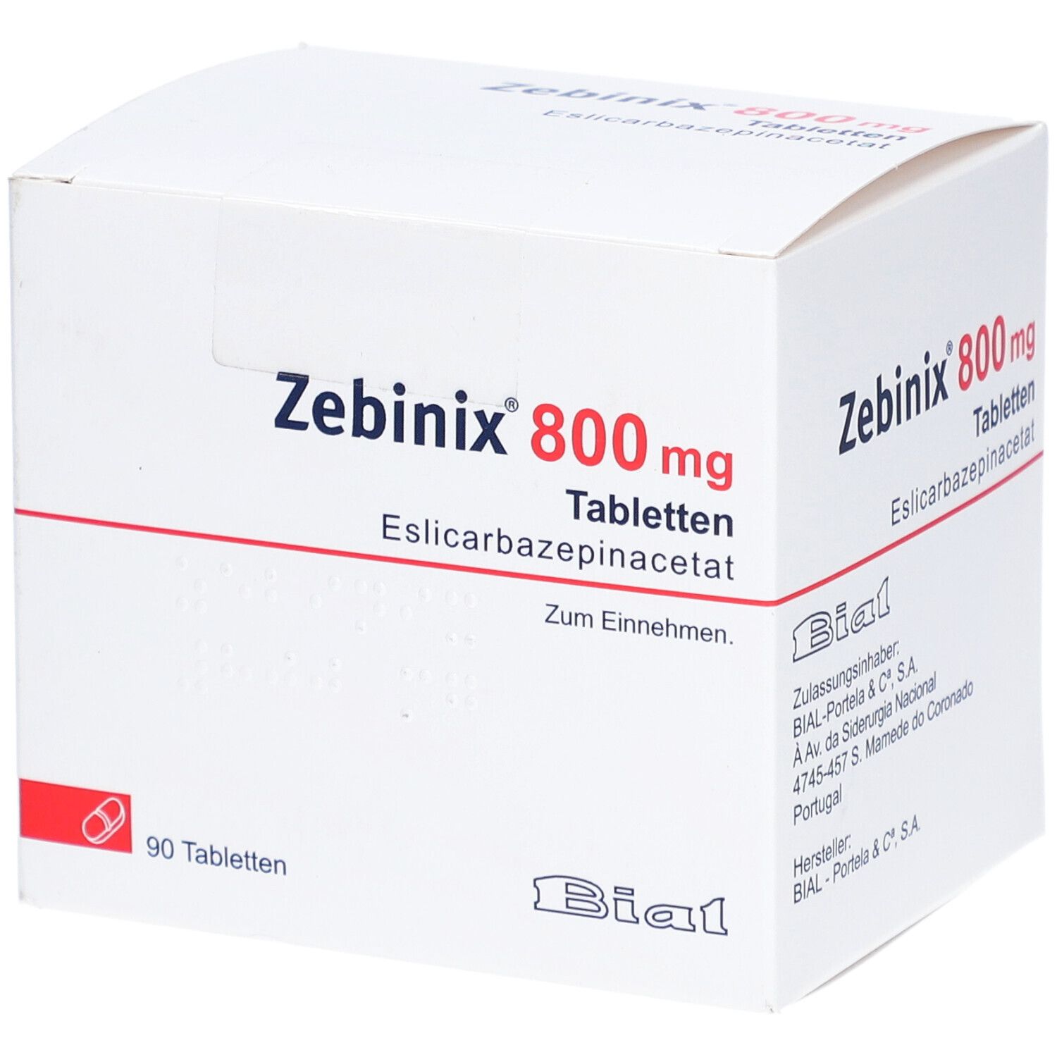 Weiße Schachtel mit Zebinix 800 mg Tabletten. Aufschrift: Eslicarbazepinacetat, 90 Tabletten. Hersteller: Bial.