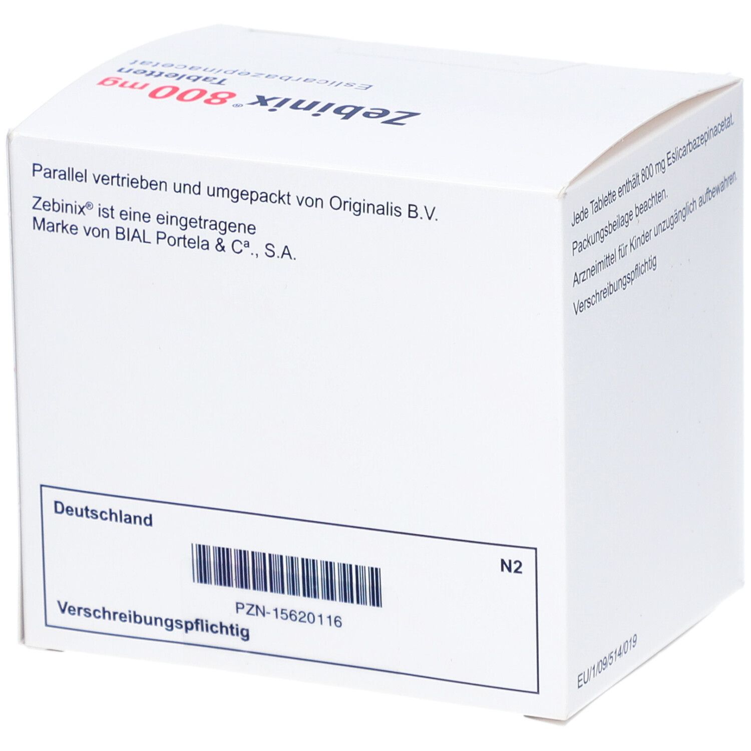 Weiße Schachtel mit Zebinix 800 mg Tabletten. Text: Marke von Bial. Barcode und PZN-Nummer. Hergestellt in Deutschland.