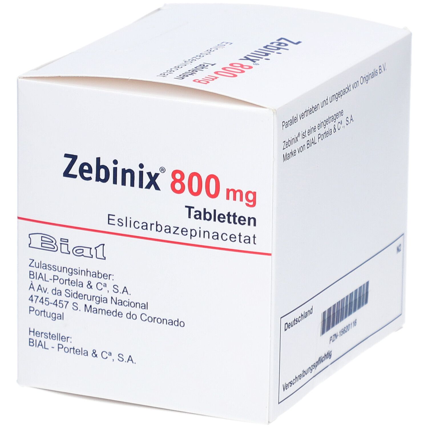 Weiße Schachtel mit Zebinix 800 mg Tabletten. Aufschrift: Eslicarbazepinacetat. Hersteller: Bial. Adresse.