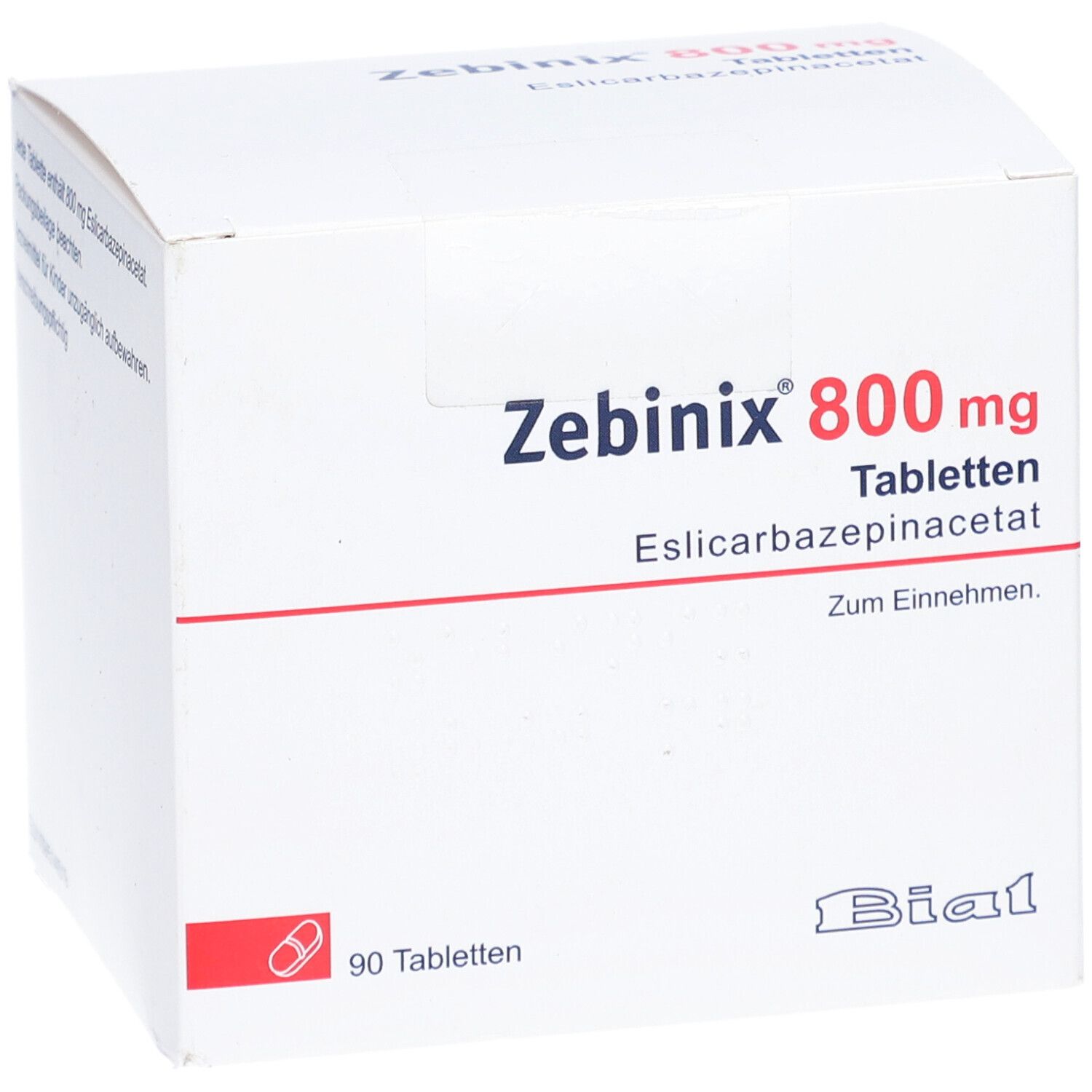 Weiße Schachtel mit Zebinix 800 mg Tabletten. Aufschrift: Eslicarbazepinacetat, 90 Tabletten. Hersteller: Bial.