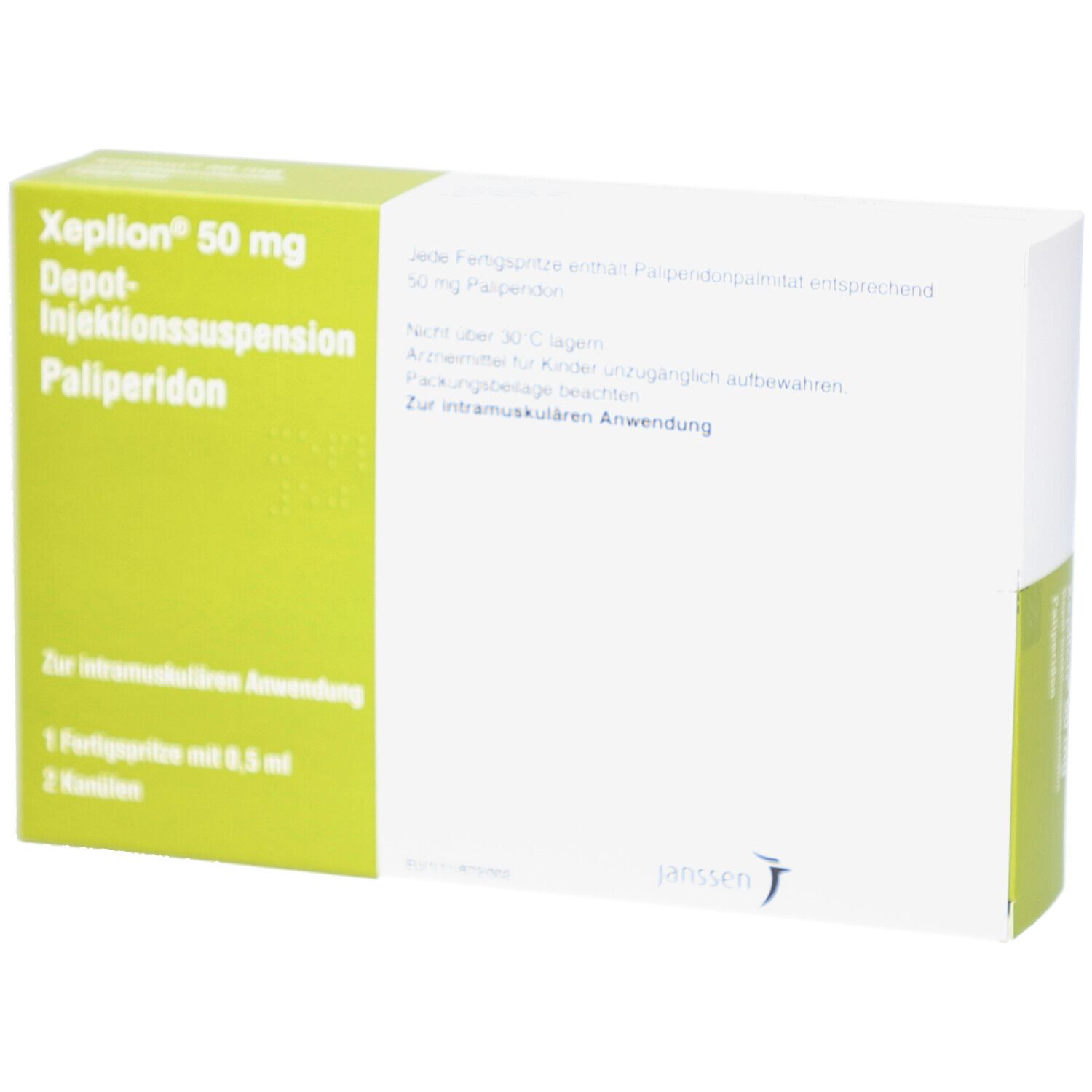 Schachtel mit XEPLION 50 mg Depot-Injektionssuspension. Grün-weiße Verpackung mit Produktinformationen und Janssen-Logo.