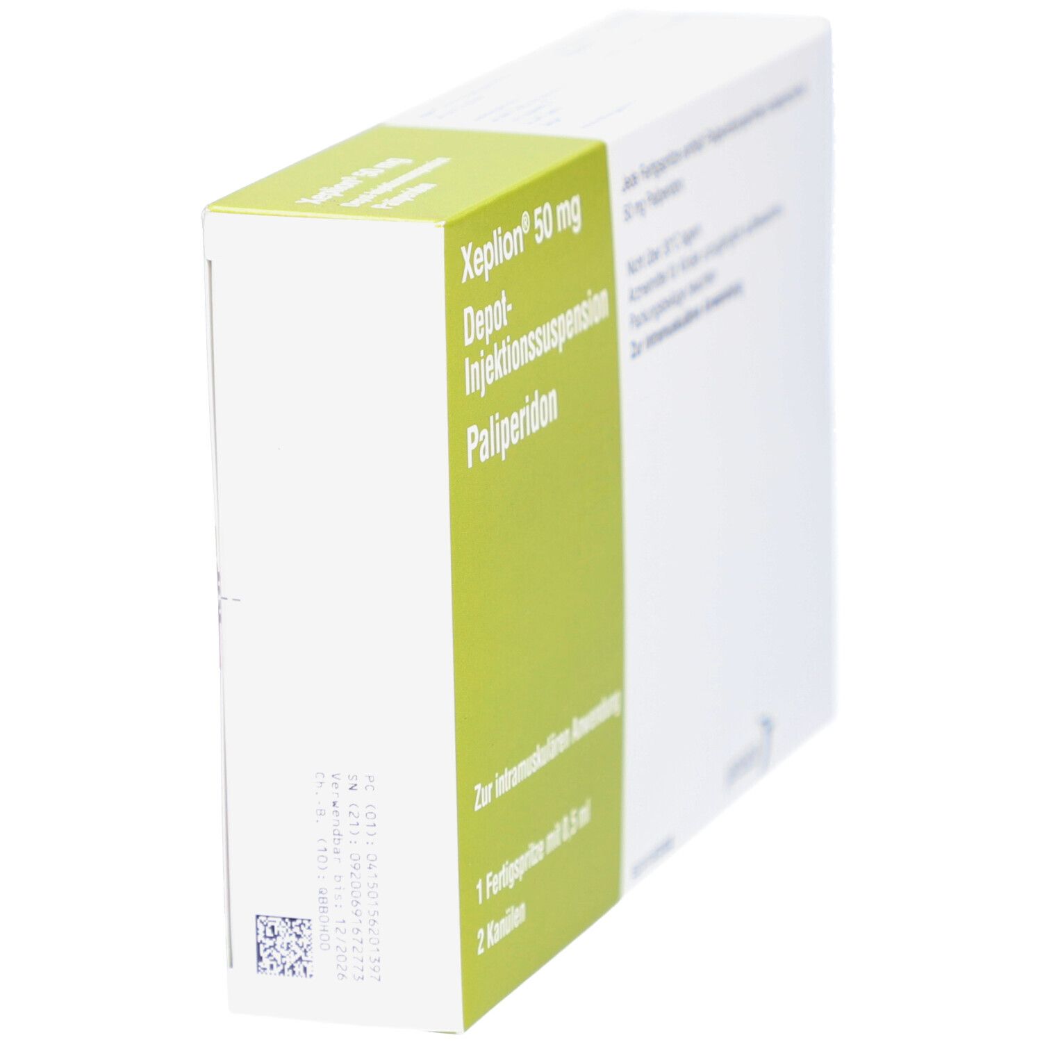 Seitenansicht der XEPLION-Verpackung. Grün-weiße Schachtel mit Produktnamen und Informationen. Barcode und QR-Code.