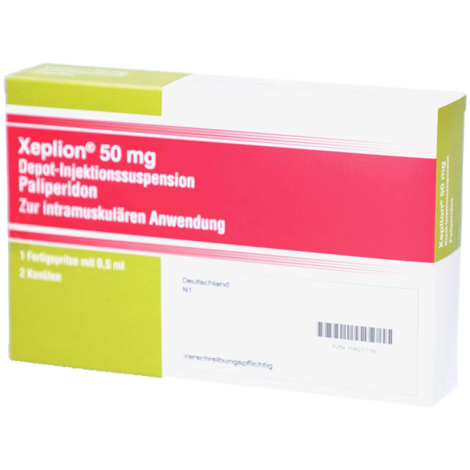 XEPLION 50 mg Schachtel mit rotem und grünem Design. Produktname, Informationen und Barcode. Verschreibungspflichtig.