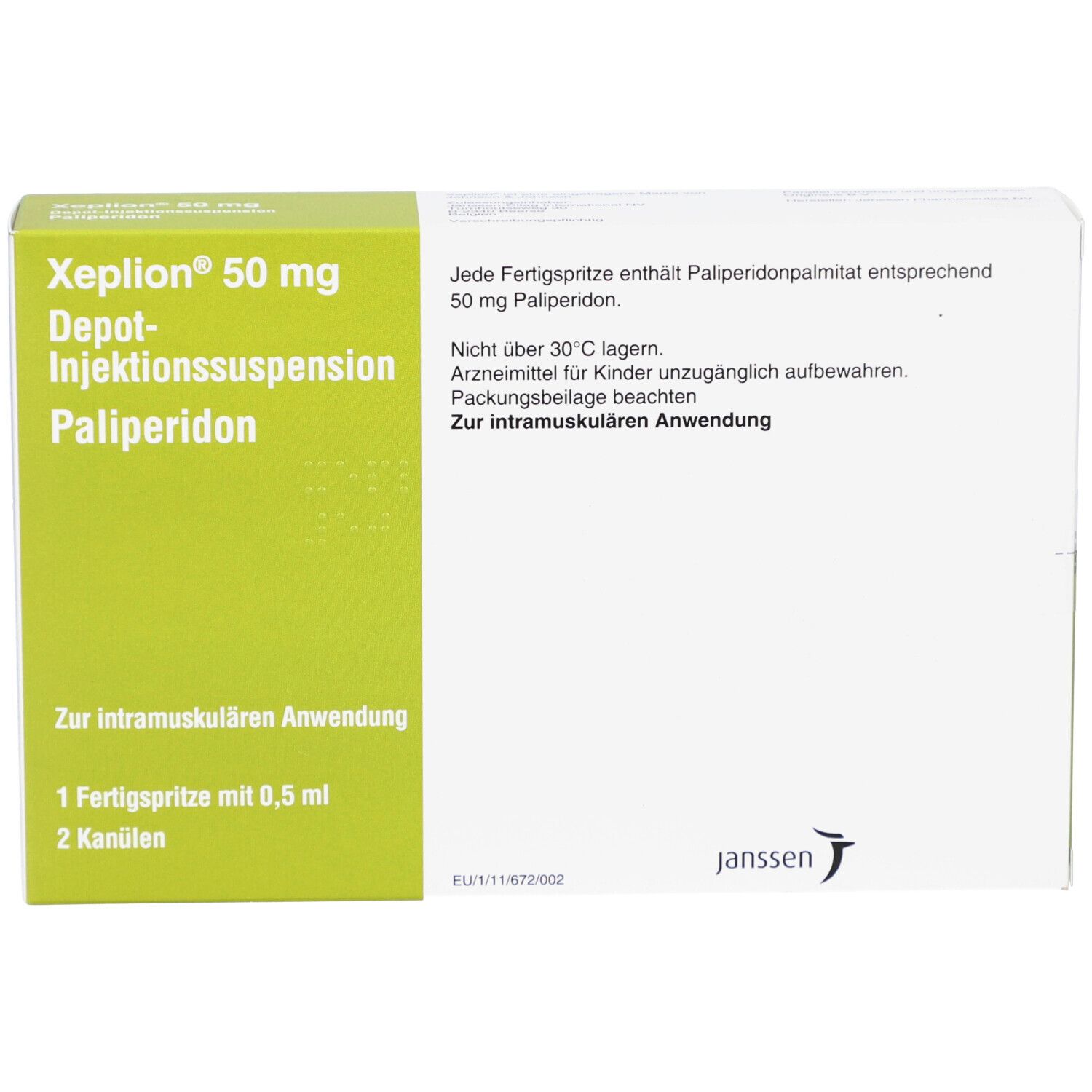 XEPLION 50 mg Schachtel mit Produktinformationen. Grün-weiße Verpackung mit Text und Janssen-Logo. Zur intramuskulären Anwendung.