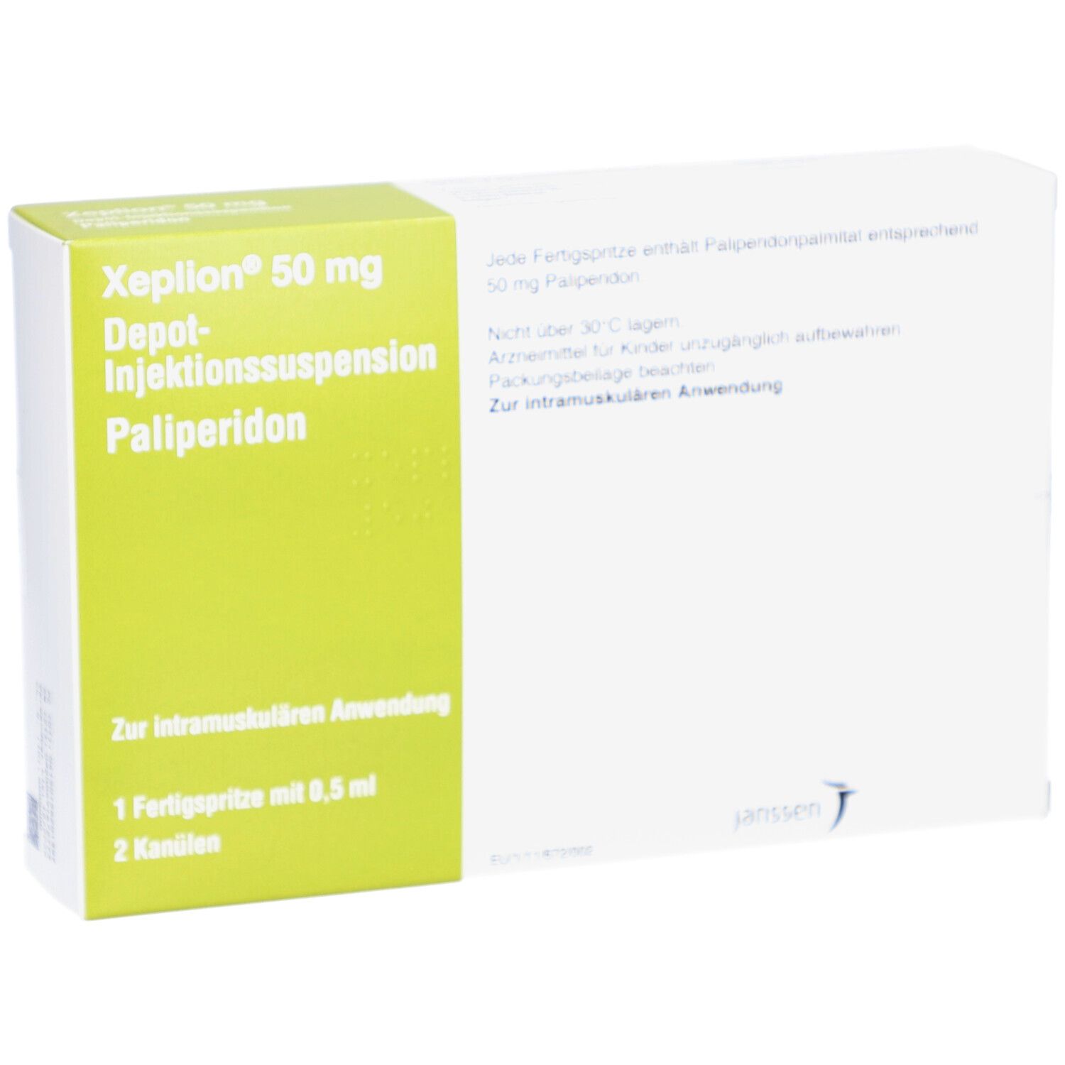 XEPLION 50 mg Schachtel mit Produktinformationen. Grün-weiße Verpackung mit Text und Janssen-Logo. Zur intramuskulären Anwendung.