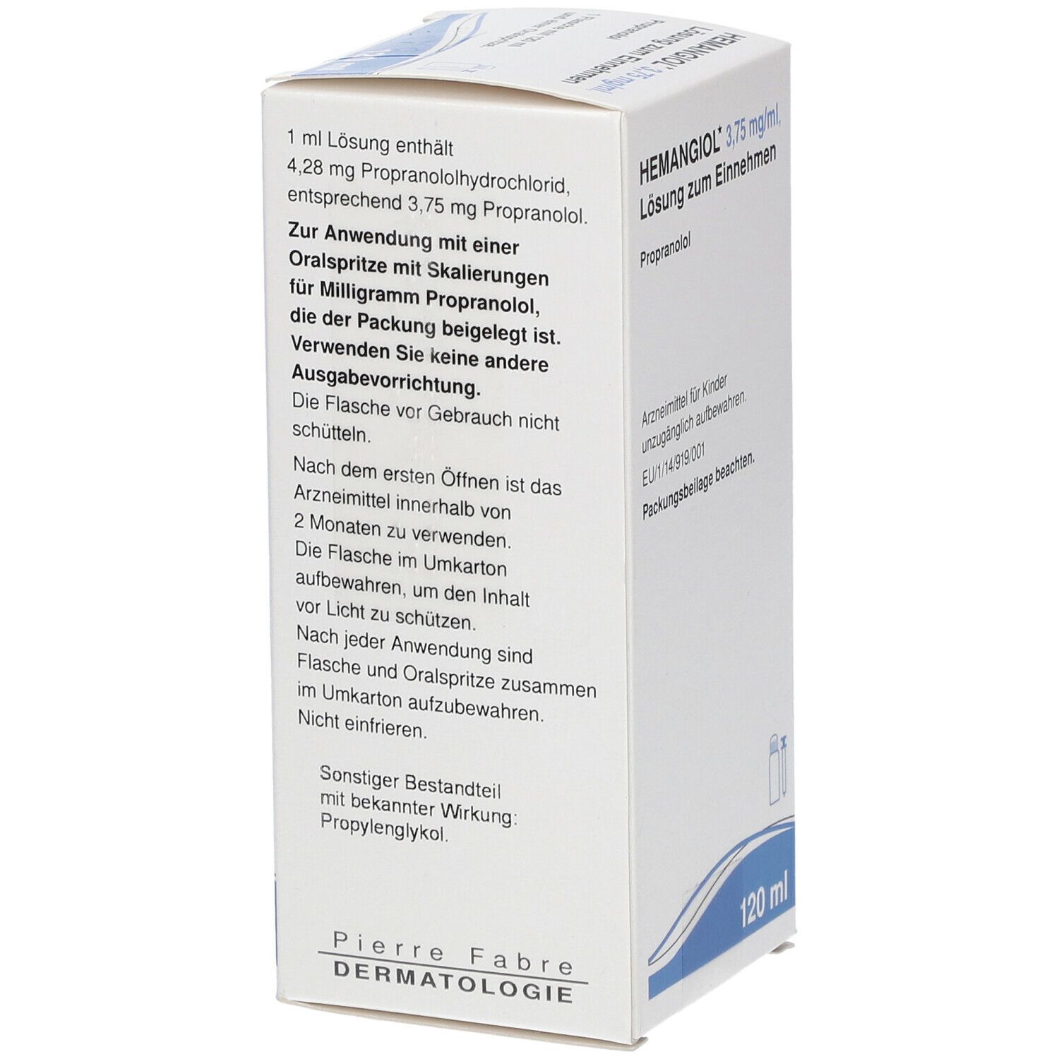 Schachtel mit Hemangiol 3,75 mg/ml Lösung. Enthält Informationen zur Zusammensetzung und Anwendung. 120 ml.