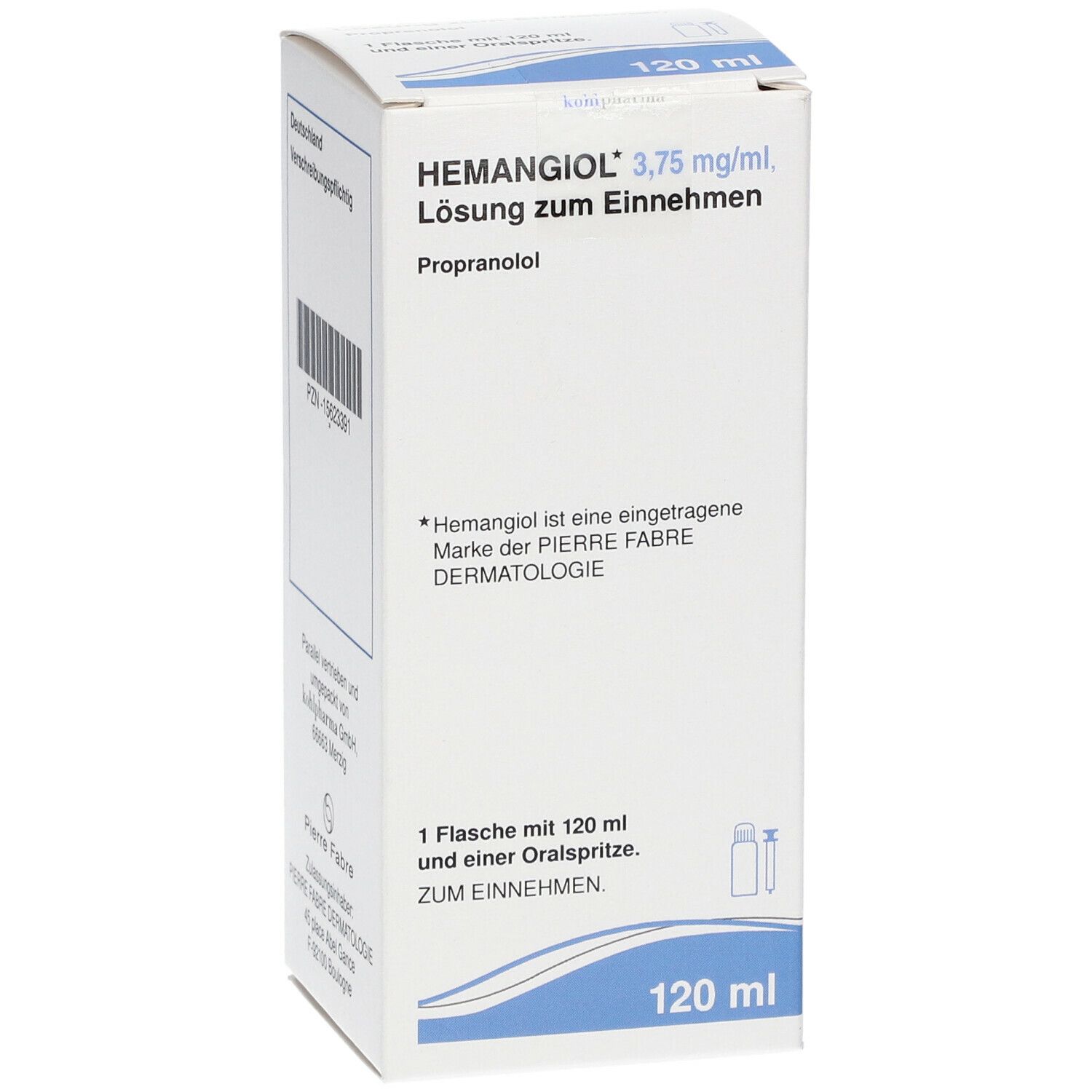 Schachtel mit Hemangiol 3,75 mg/ml Lösung. Enthält Informationen zur Anwendung und Warnhinweise. Verschreibungspflichtig.
