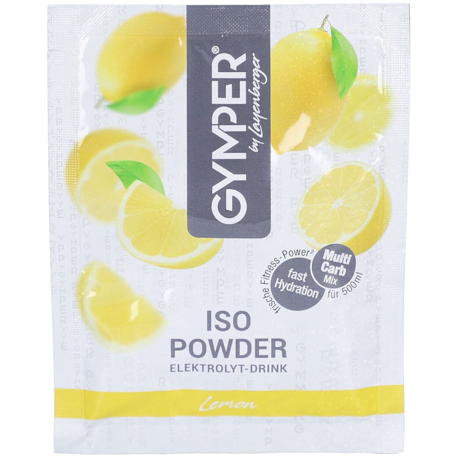 Beutel mit GYMPER Iso Powder Zitrone. Aufdruck mit Zitronen-Illustrationen und Produktinformationen. Elektrolyt-Drink.