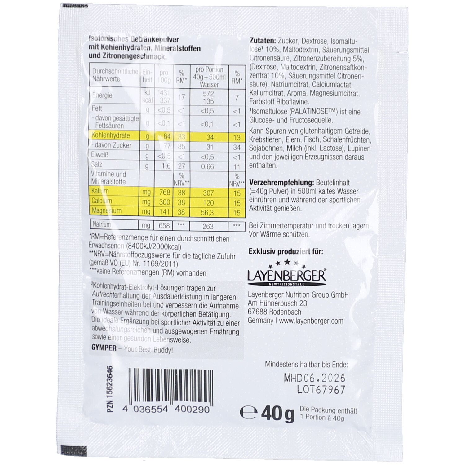 Rückseite des GYMPER Iso Powder Zitrone Beutels. Enthält Nährwertangaben, Zutatenliste und Herstellerinformationen.