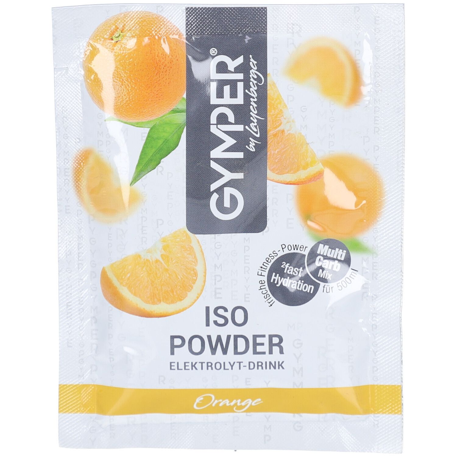 Beutel mit GYMPER Iso Powder Orange. Abbildung von Orangen und Produktnamen. Enthält Schriftzug 'Elektrolyt-Drink'.