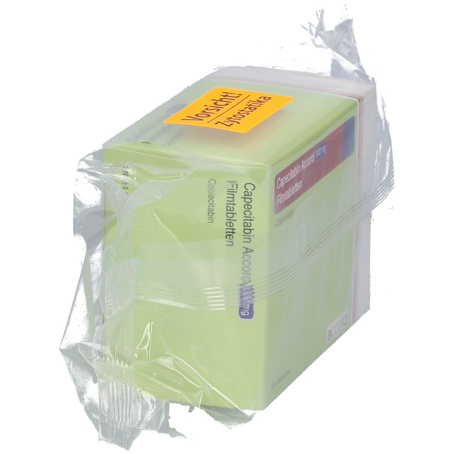Capecitabin Accord 500 mg Filmtabletten Verpackung, seitliche Ansicht mit Warnhinweis.