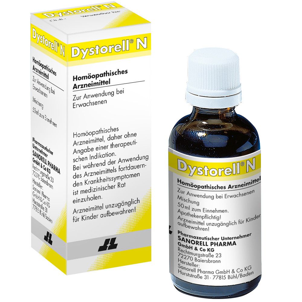 Braune Flasche Dystorell N mit gelbem Etikett und Verpackung. Homöopathisches Arzneimittel. Sanorell Pharma.