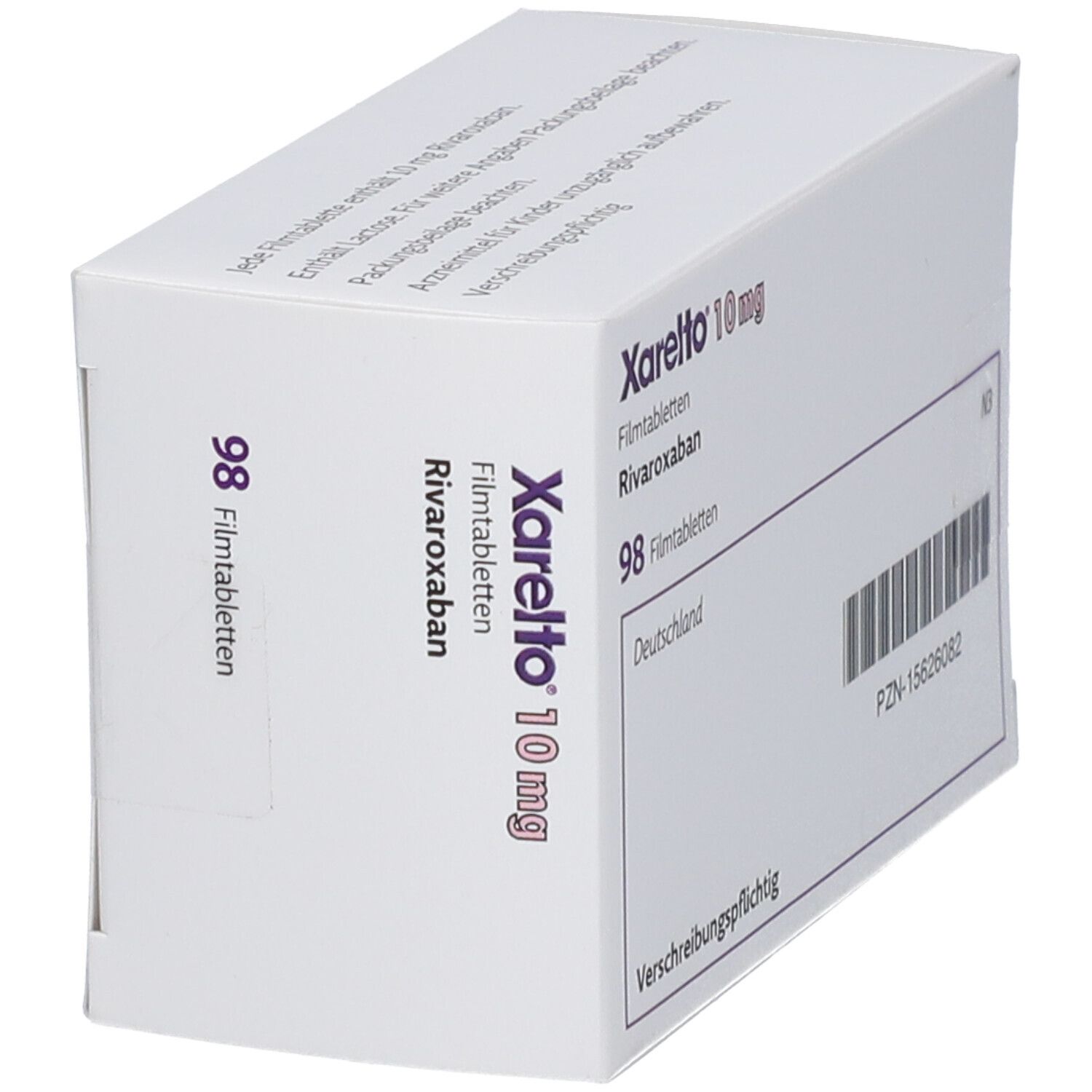 Weiße Schachtel mit "Xarelto 10 mg"-Aufdruck. Enthält 98 Filmtabletten. Bayer-Logo. Text: Rivaroxaban, Zum Einnehmen, Deutschland.