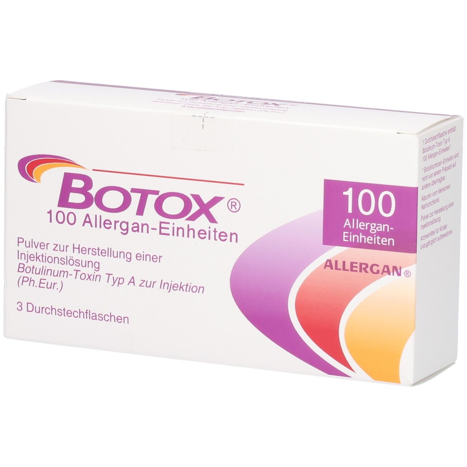 Weiße Verpackung mit BOTOX-Logo, 100 Allergan-Einheiten. Lila und orangefarbene Akzente. Text: Pulver zur Herstellung einer Injektionslösung.
