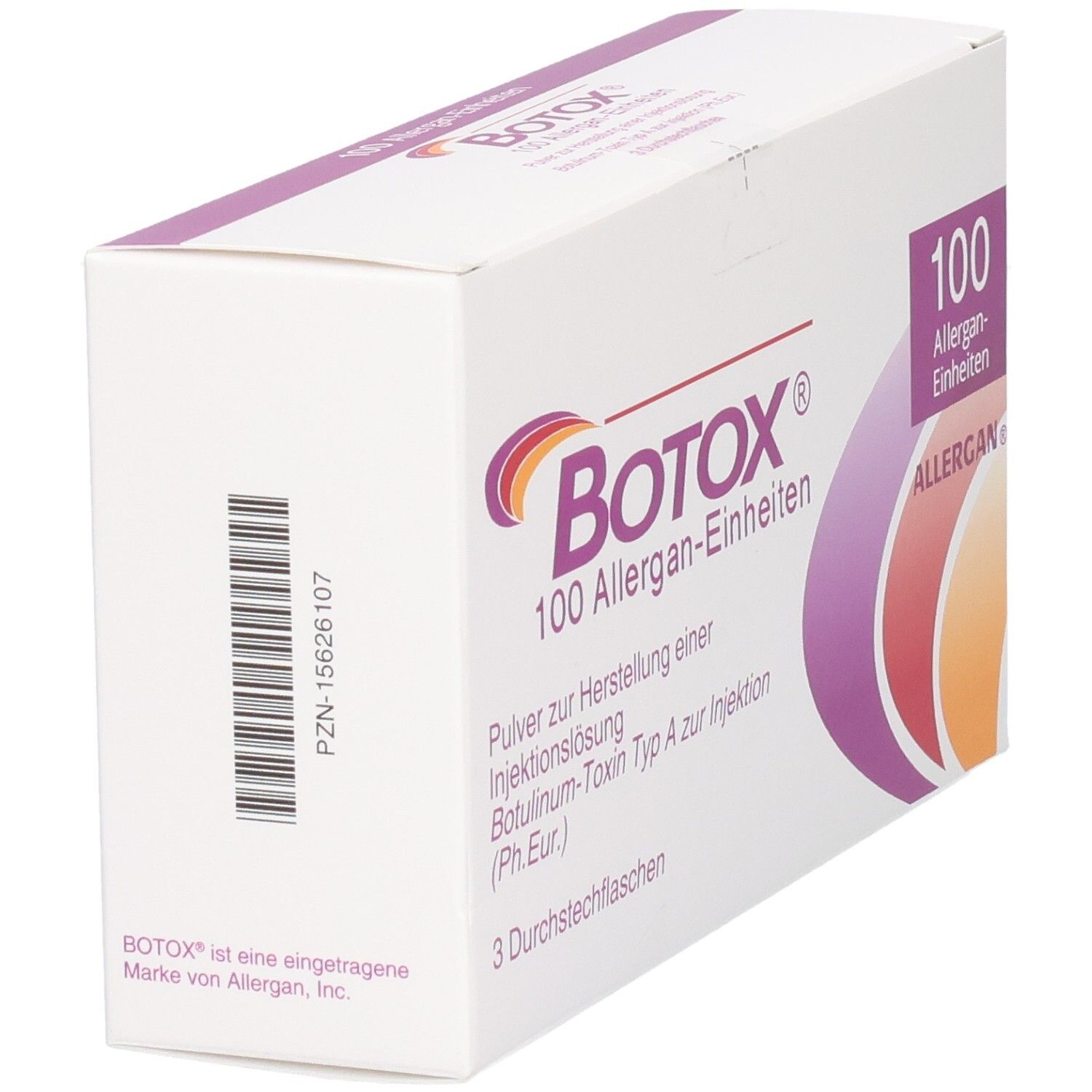 Schräg gestellte weiße BOTOX-Verpackung. Logo und Text: 100 Allergan-Einheiten. Barcode auf der Seite. Marke Allergan.