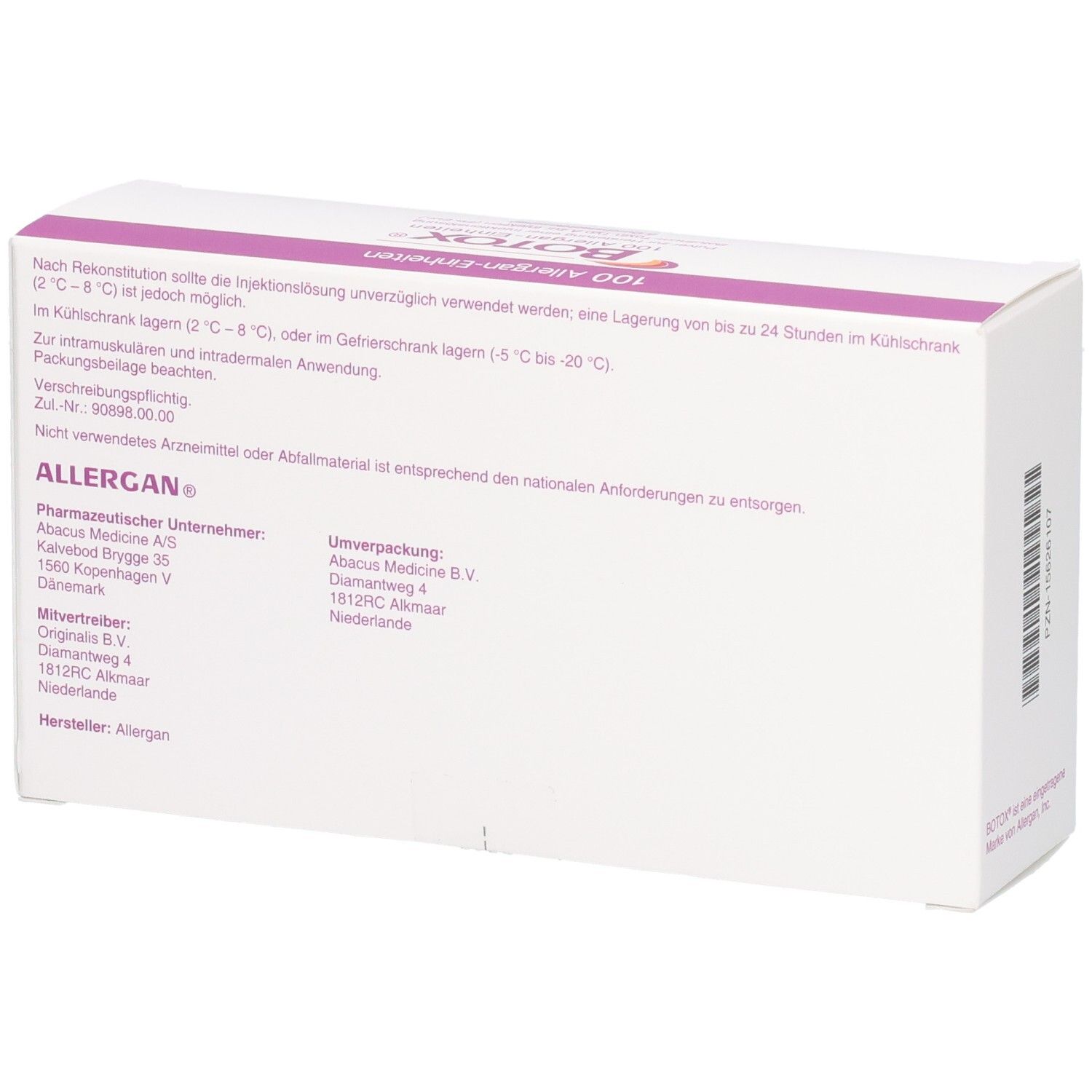 Rückseite der BOTOX-Verpackung. Text: Allergan, pharmazeutische Informationen, Lagerungshinweise. Adressen und Chargennummer.