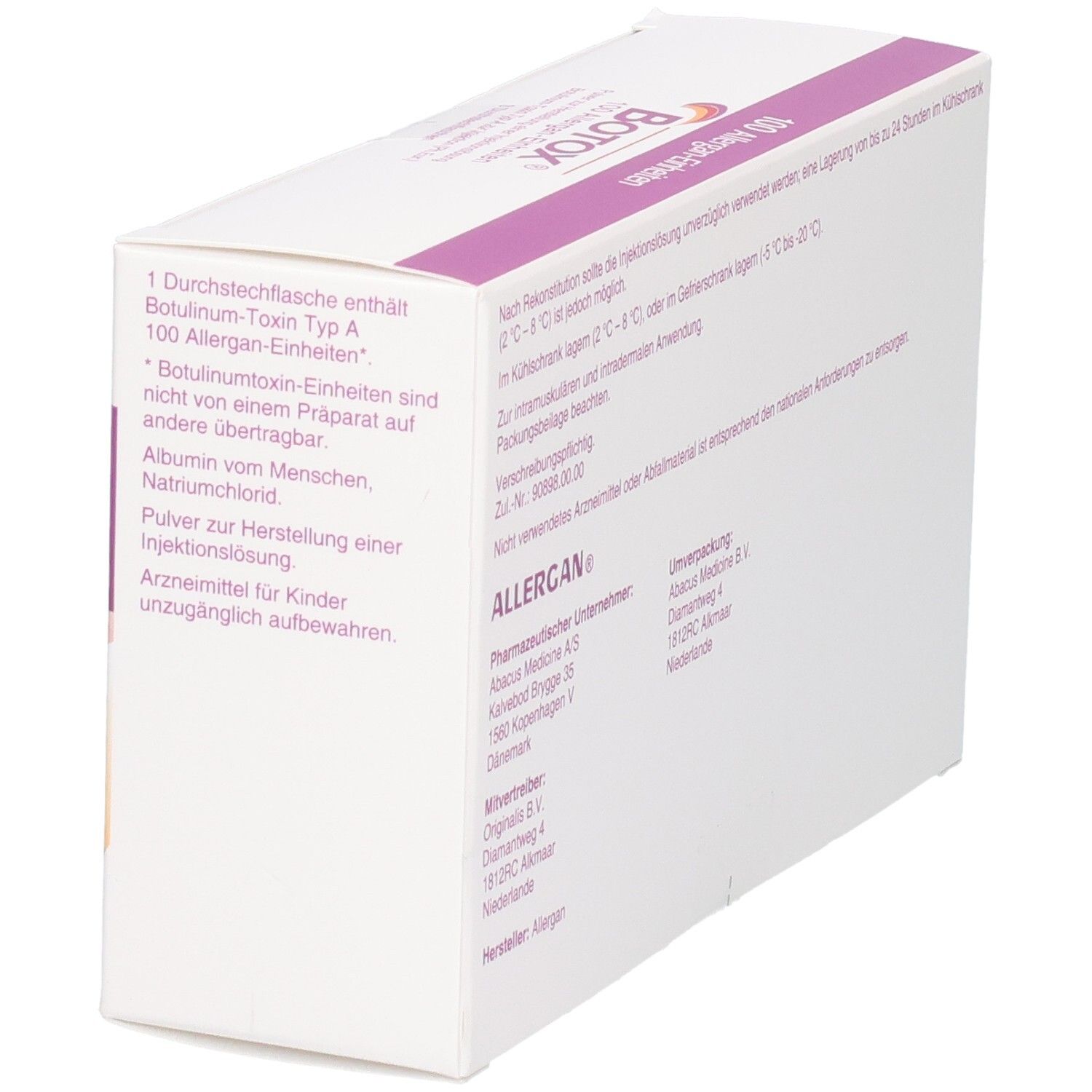 Schräg gestellte BOTOX-Verpackung. Text: 100 Allergan-Einheiten, Inhaltsstoffe, Lagerungshinweise. Allergan-Informationen.