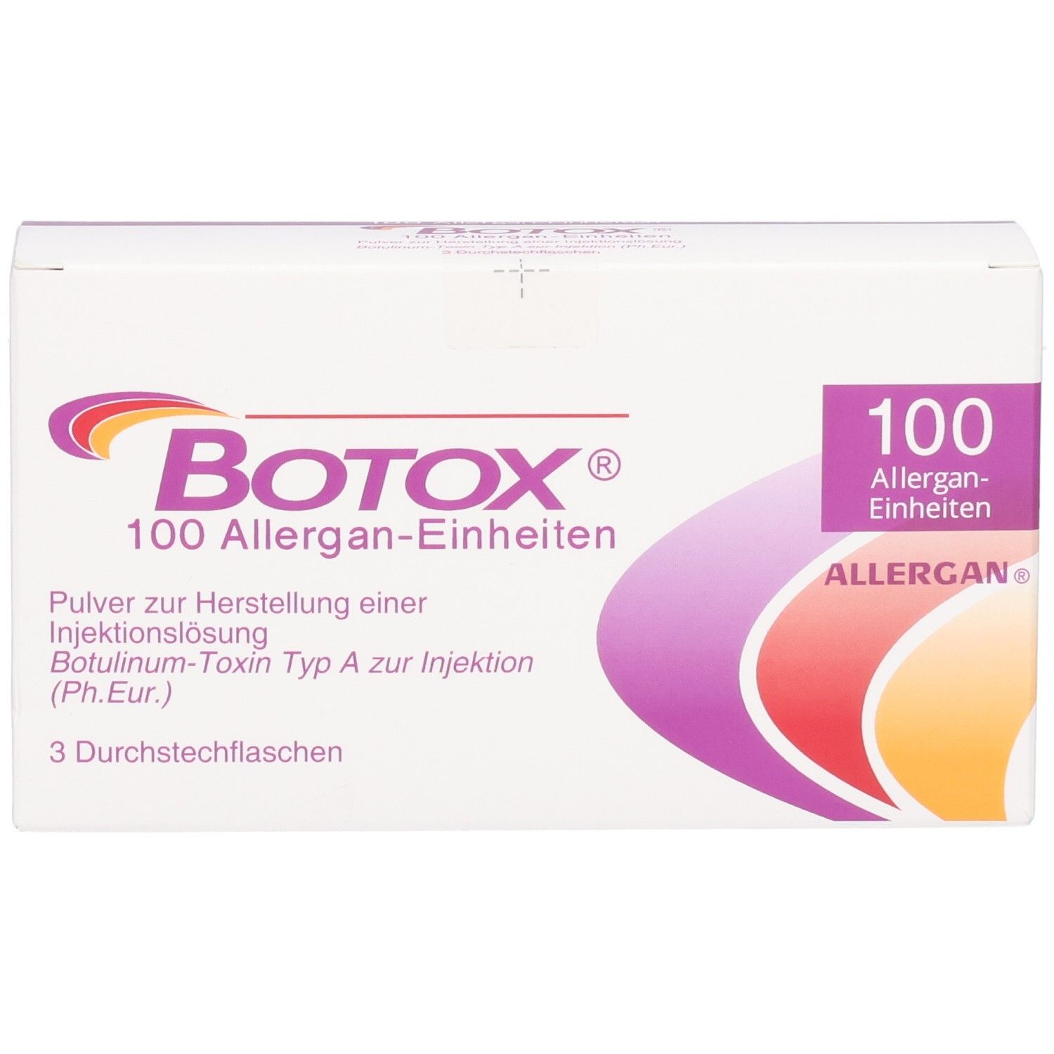 Weiße BOTOX-Verpackung. Logo, 100 Allergan-Einheiten. Text: Pulver zur Herstellung einer Injektionslösung. 3 Durchstechflaschen.