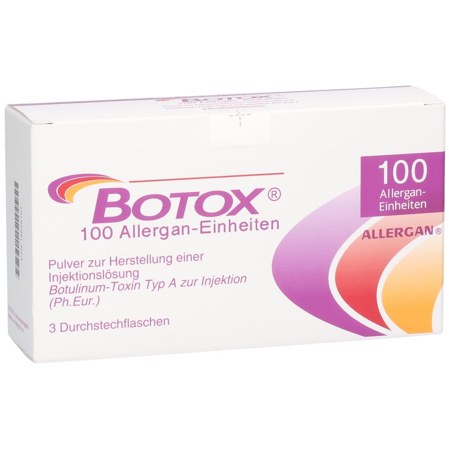 Weiße BOTOX-Verpackung. Logo, 100 Allergan-Einheiten. Text: Pulver zur Herstellung einer Injektionslösung. 3 Durchstechflaschen.