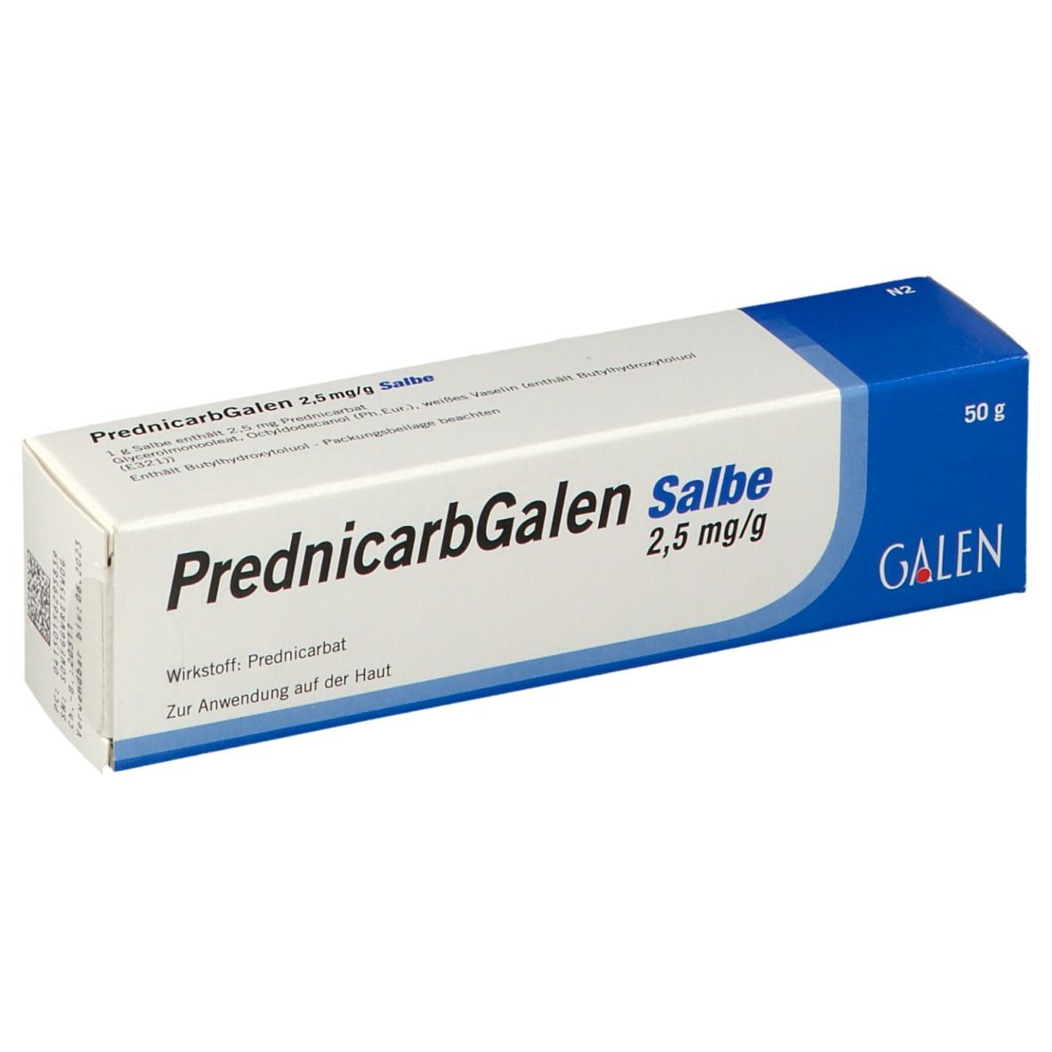 Schachtel mit PrednicarbGalen Salbe 2,5 mg/g. Weiß, blau. Text: PrednicarbGalen Salbe, 2,5 mg/g, GALEN. 50 g.