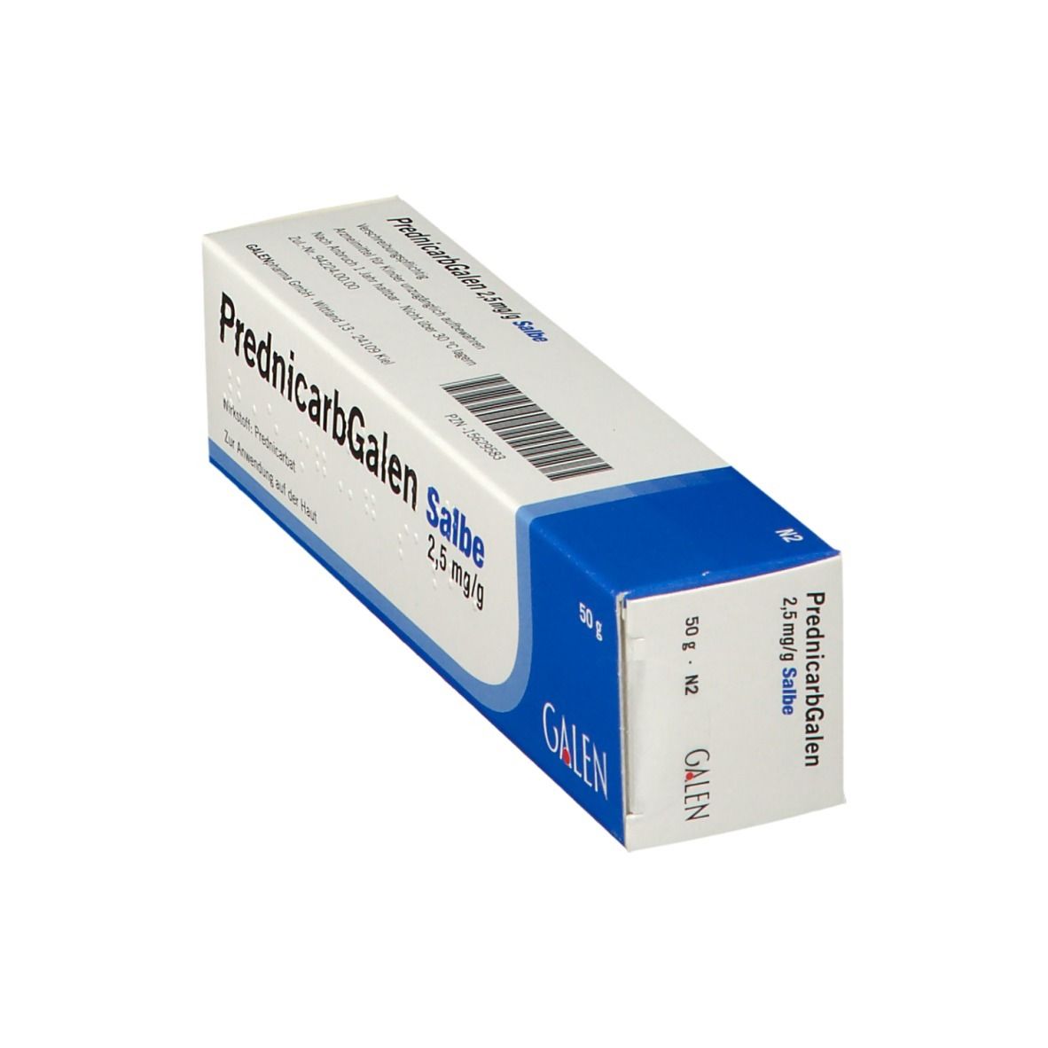 Schachtel PrednicarbGalen Salbe 2,5 mg/g. Weiß, blau. Text: PrednicarbGalen Salbe, 2,5 mg/g, GALEN. 50 g.