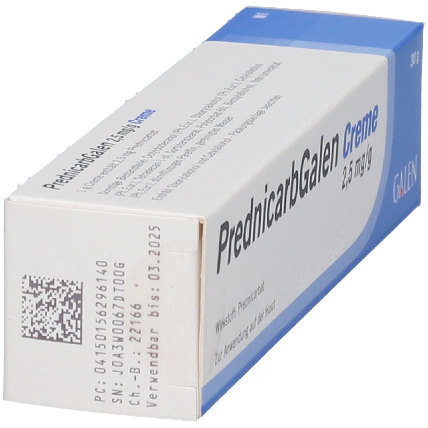 Schachtel PrednicarbGalen Creme 2,5 mg/g. Aufschrift: Wirkstoff Prednicarbat, Zur Anwendung auf der Haut. 30 g.