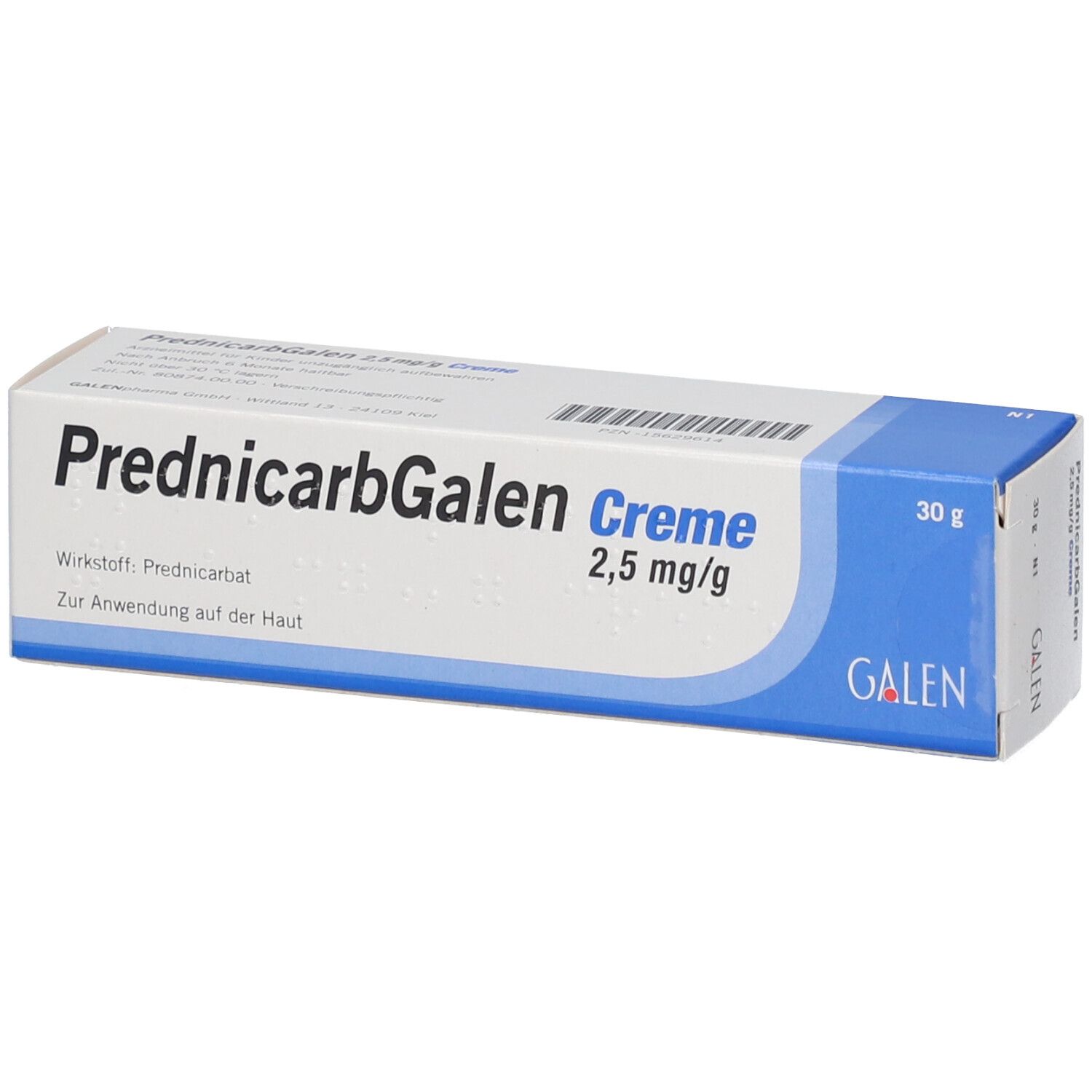 Schachtel PrednicarbGalen Creme 2,5 mg/g. Aufschrift: Wirkstoff Prednicarbat, Zur Anwendung auf der Haut. 30 g.
