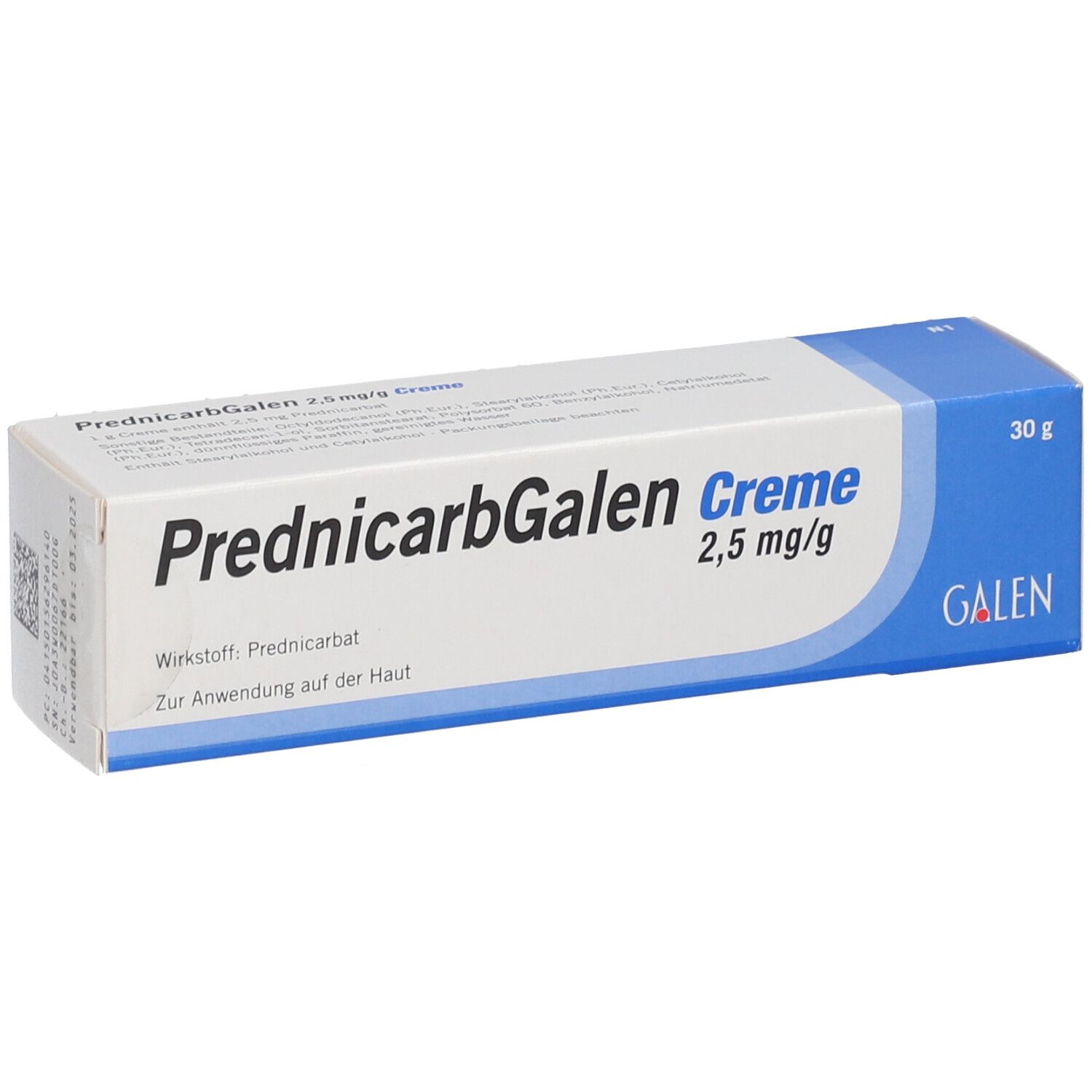 Schachtel PrednicarbGalen Creme 2,5 mg/g. Aufschrift: Wirkstoff Prednicarbat, Zur Anwendung auf der Haut. 30 g.