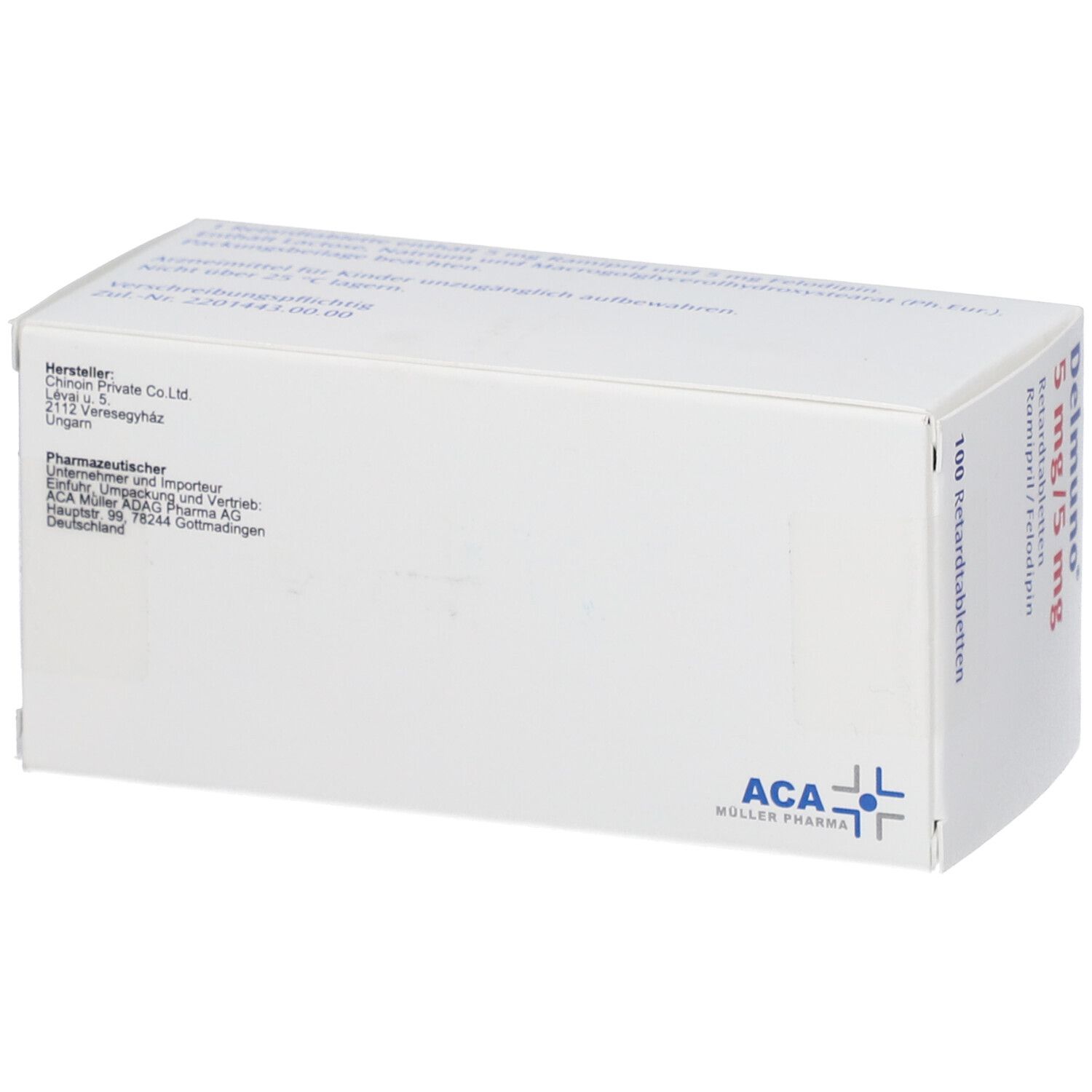 Rückseite der weißen Schachtel. ACA Müller Pharma Logo. Text mit Hersteller- und Importeurinformationen.